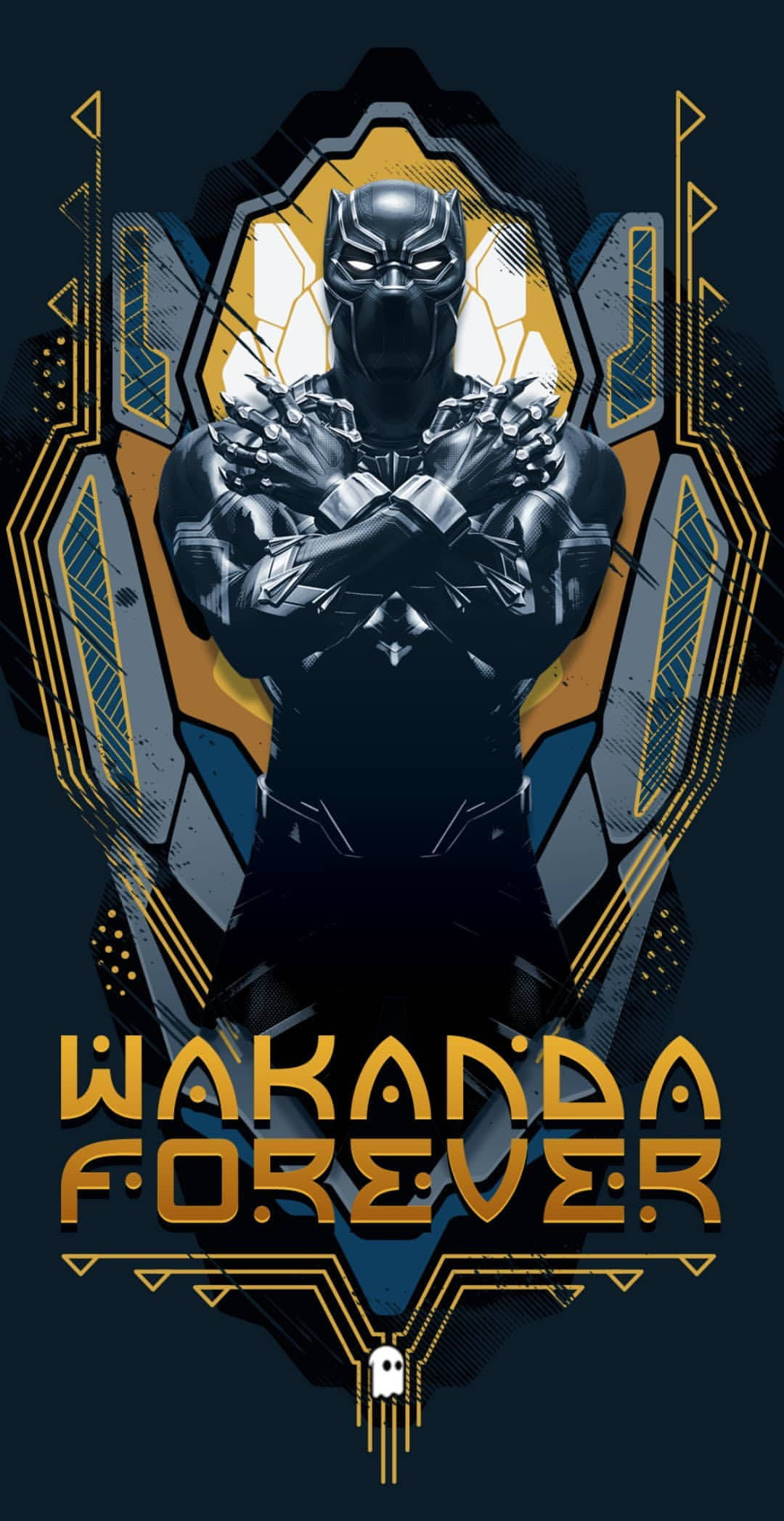 Wakanda 桌布 壁紙 — 黑豹以英雄姿態站立，被金色瓦干達幾何圖案框住，下方有「Wakanda Forever」文字。