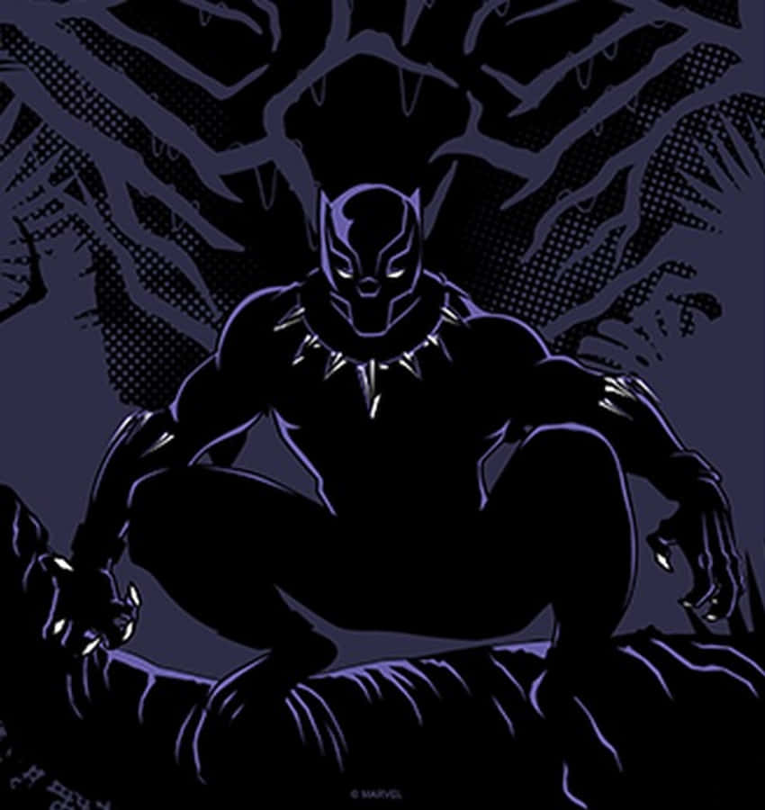 King Of Wakanda 桌布 壁紙 — 黑豹以黑暗風格化的姿勢蹲伏，身後有鋸齒狀的紫色和黑色圖案。