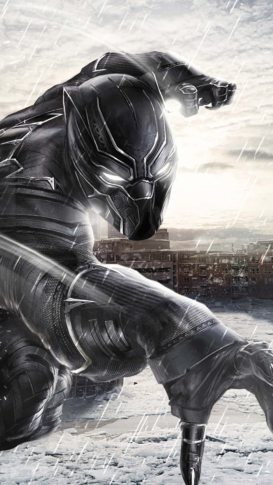 Black Panther Hero 桌布 壁紙 — 黑豹在暴風雨中蹲伏在積雪的城市屋頂上，眼睛發光，表情堅定。