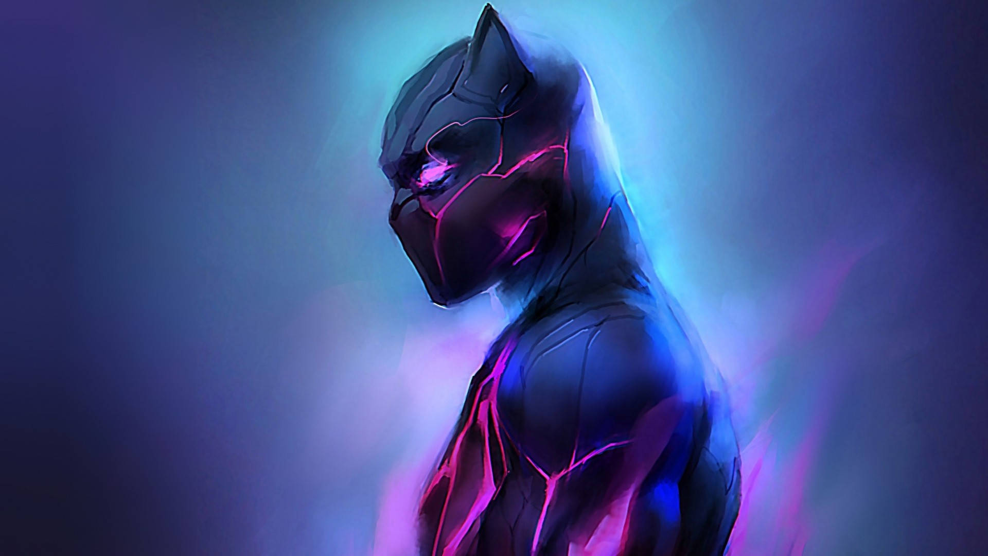 panther 桌布 壁紙 — 黑豹在發光的藍色和紫色光環中的數位藝術描繪，帶有霓虹粉紅能量線條勾勒他的戰衣。