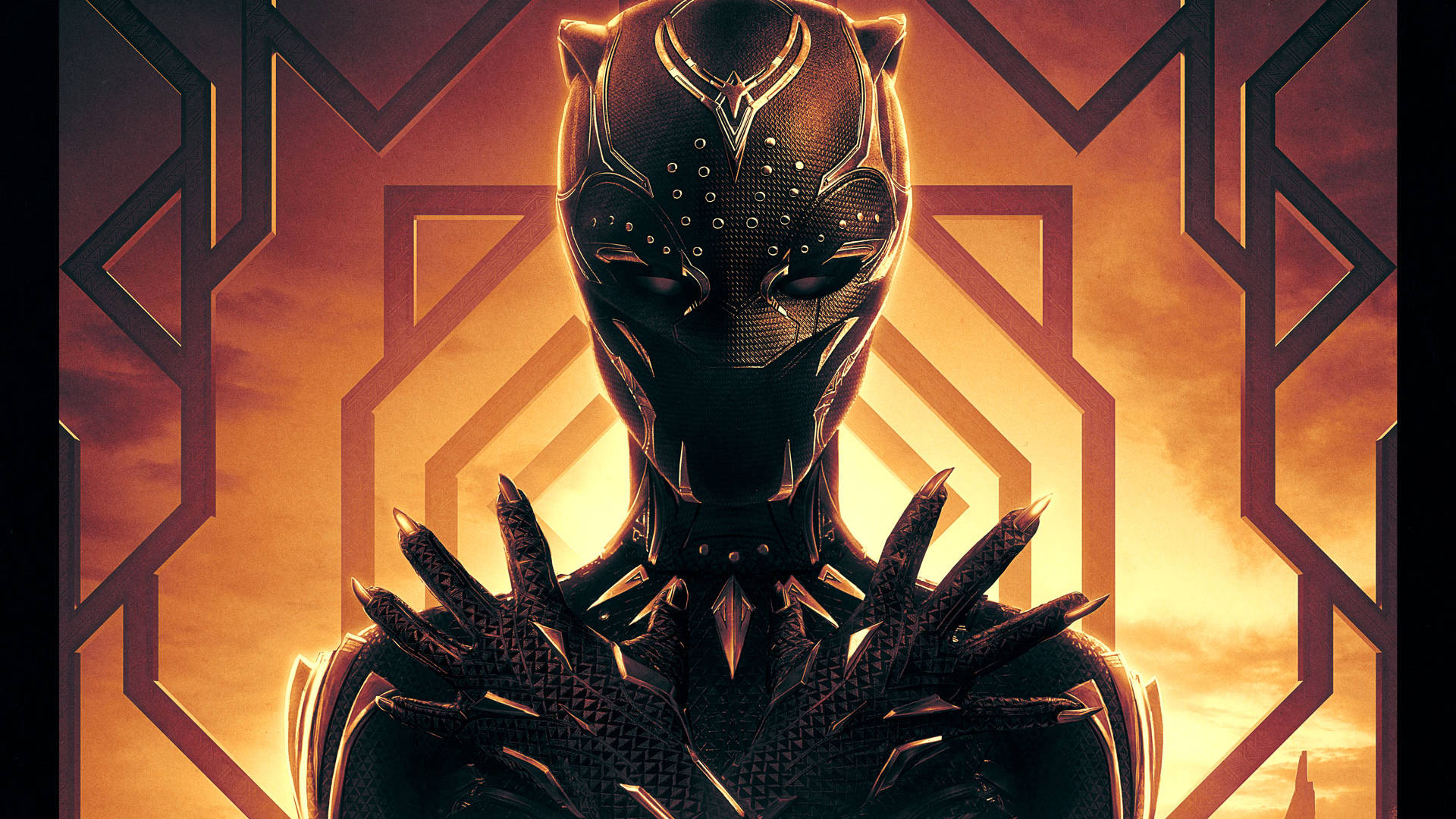 Wakanda 桌布 壁紙 — 黑豹在金色光線中威嚴地站立於幾何圖案前，他的裝甲服閃爍著複雜的細節。