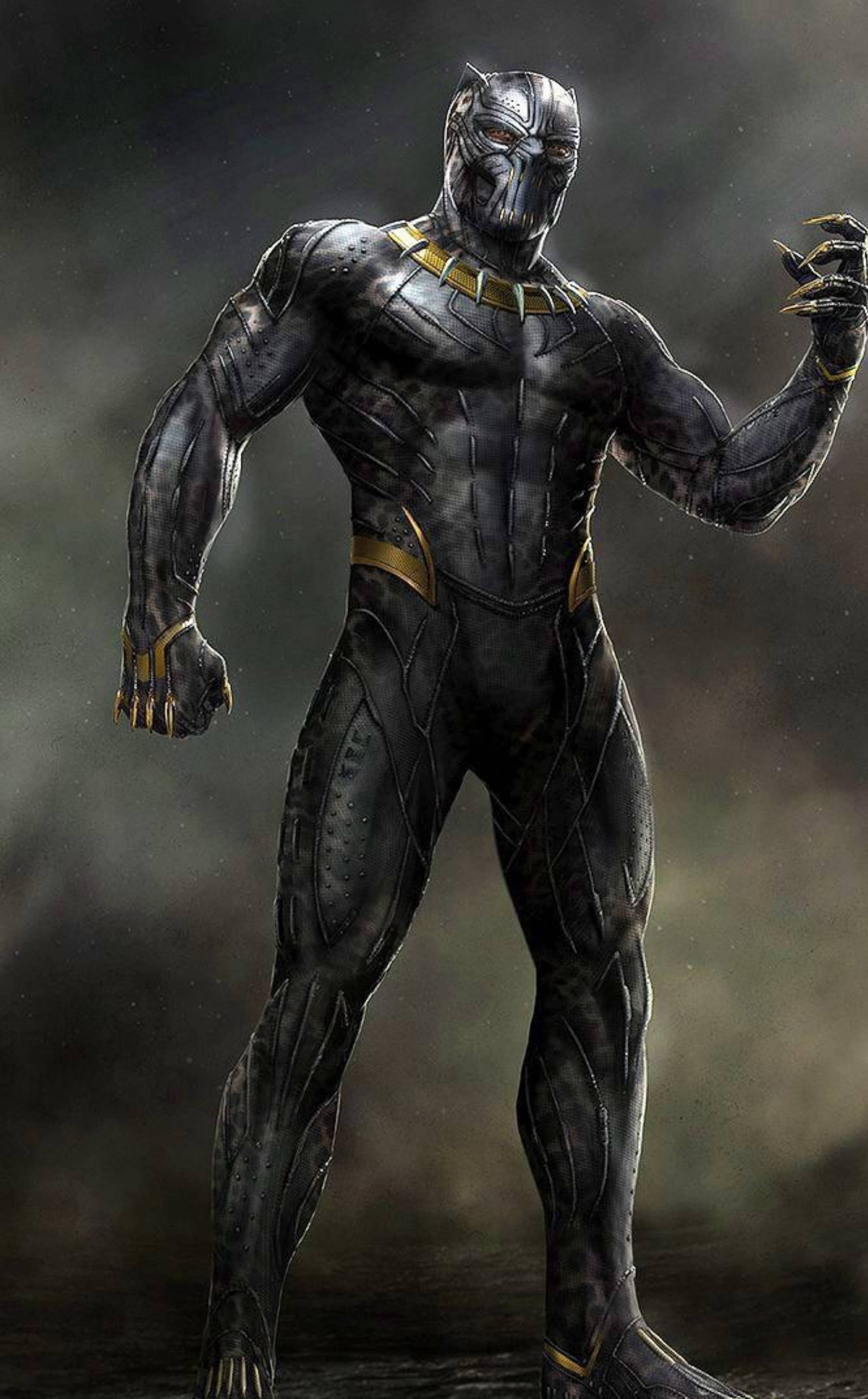 Killmonger 桌布 壁紙 — 黑豹在黑暗霧氣環境中強勢站立，身穿標誌性的黑金戰衣，雙眼發光。