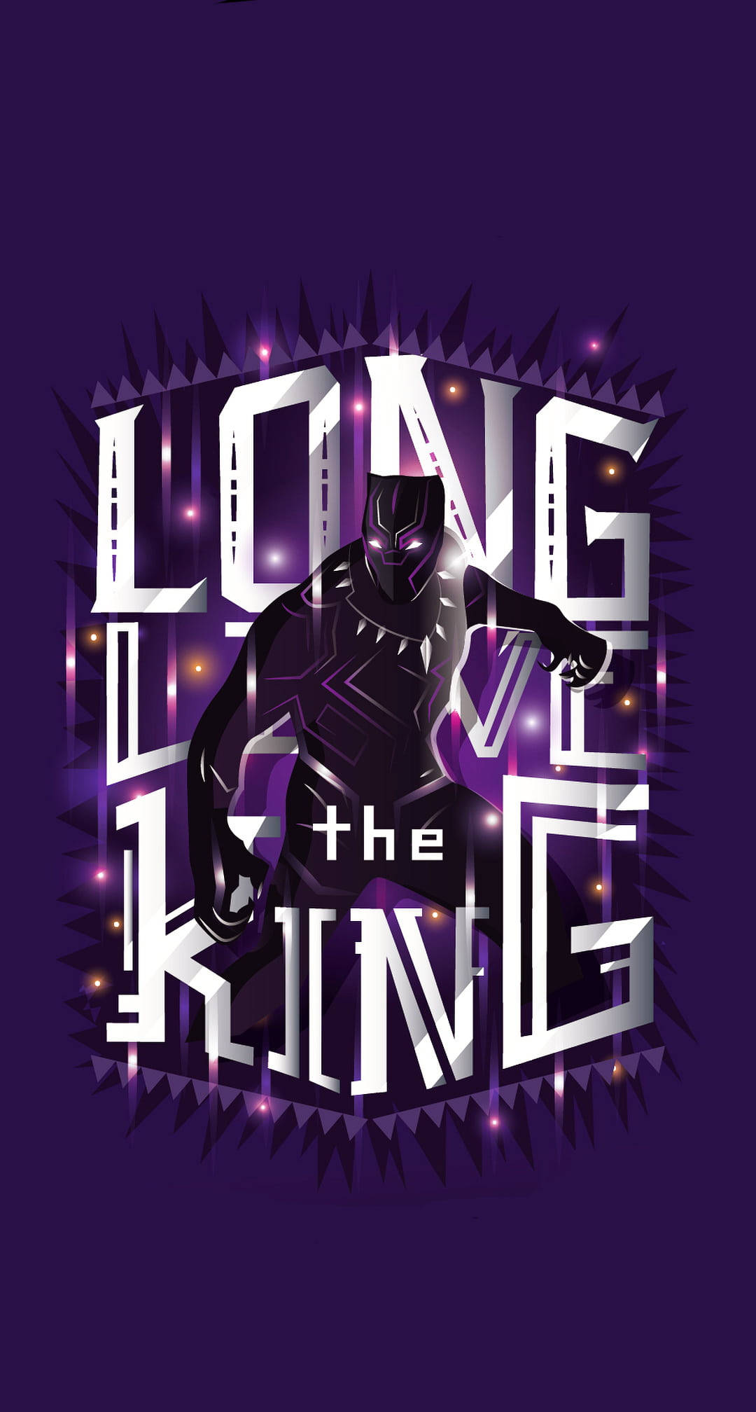 Wakanda 桌布 壁紙 — 黑豹大膽地站在風格化的白色文字「LONG LIVE THE KING」後面，背景是深紫色並帶有發光點綴。