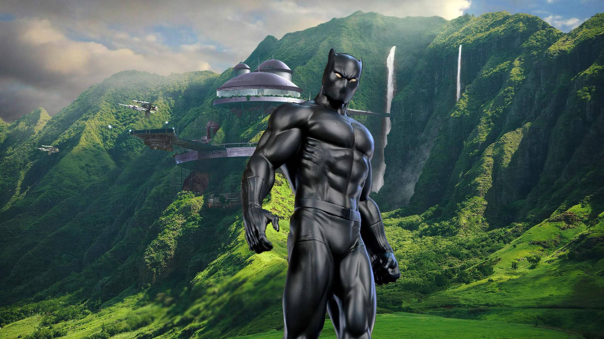 panther 桌布 壁紙 — 黑豹強勢地站在鬱蔥的綠色山谷中，身後有未來主義的飛行車輛和瀑布。