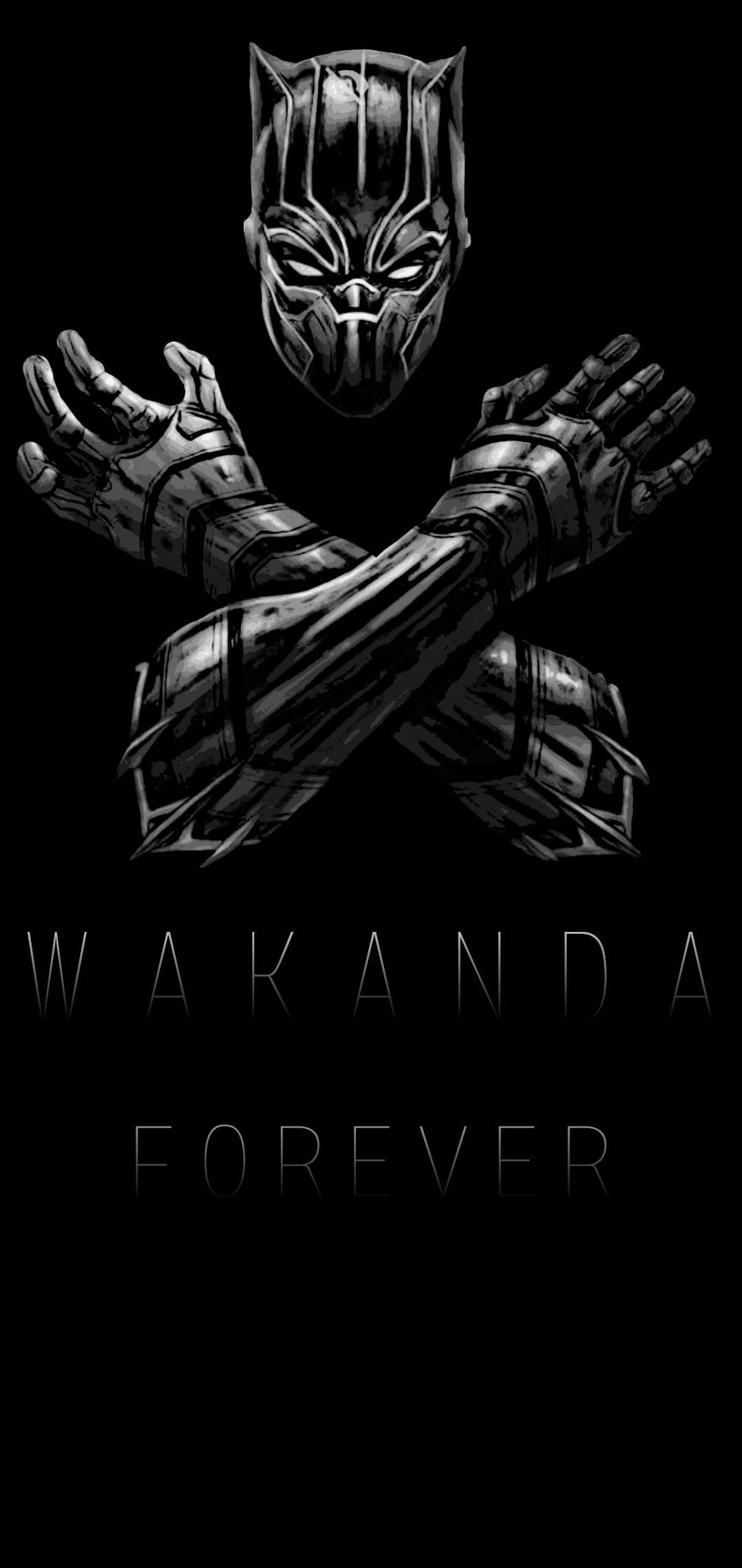 Wakanda 桌布 壁紙 — 黑豹戴面具的臉和交叉雙臂的單色圖像，下方有「WAKANDA FOREVER」文字。