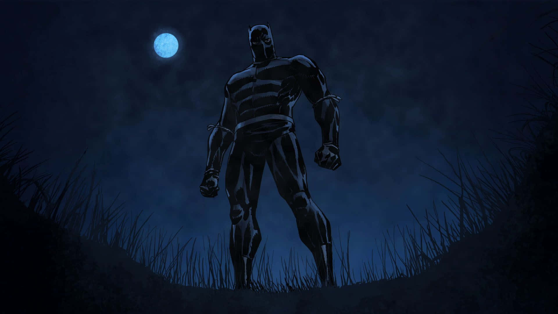Black Panther Hero 桌布 壁紙 — 黑豹獨自站在高高的草叢中，在黑暗的夜晚場景下，一輪發光的藍色月亮照耀著。
