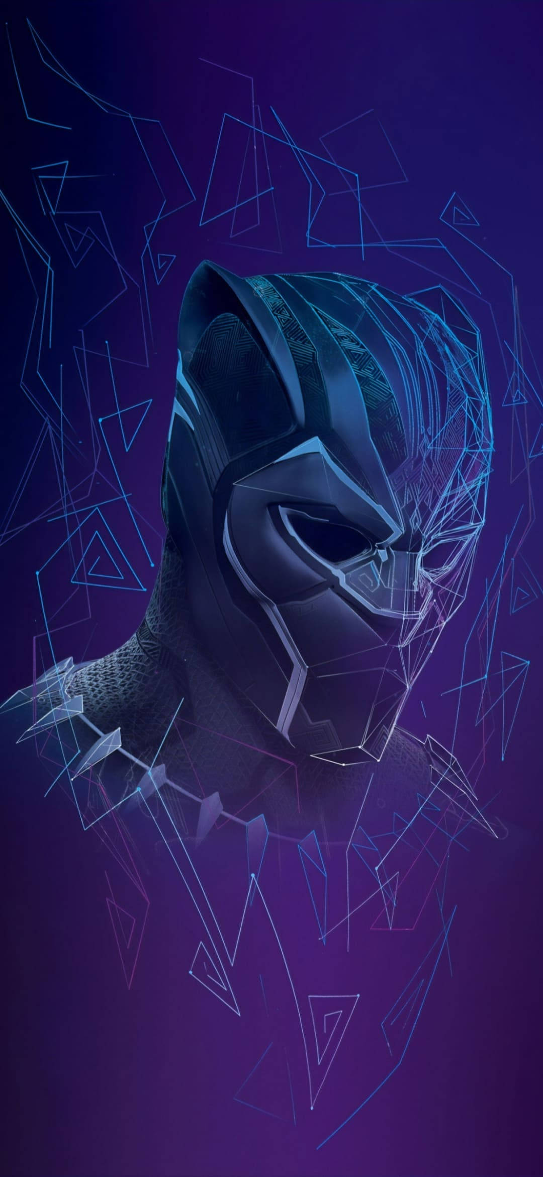 avengers android 桌布 壁紙 — 黑豹的數位藝術肖像，帶有發光的藍色幾何線條，背景為深紫色。