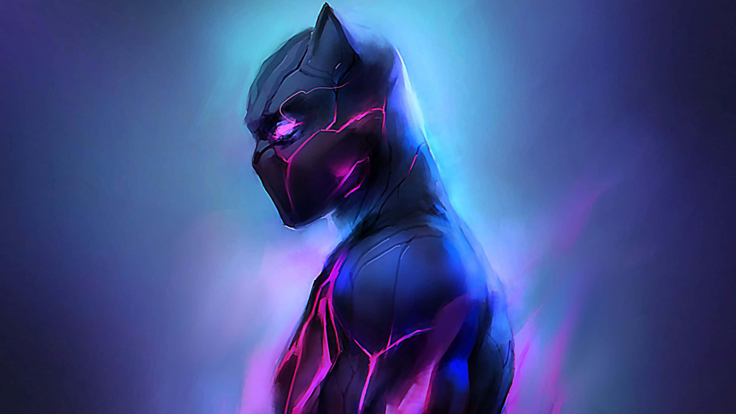 Black Panther Hero 桌布 壁紙 — 黑豹的數位藝術肖像，散發著藍色和粉紅色的光芒，表情嚴肅。