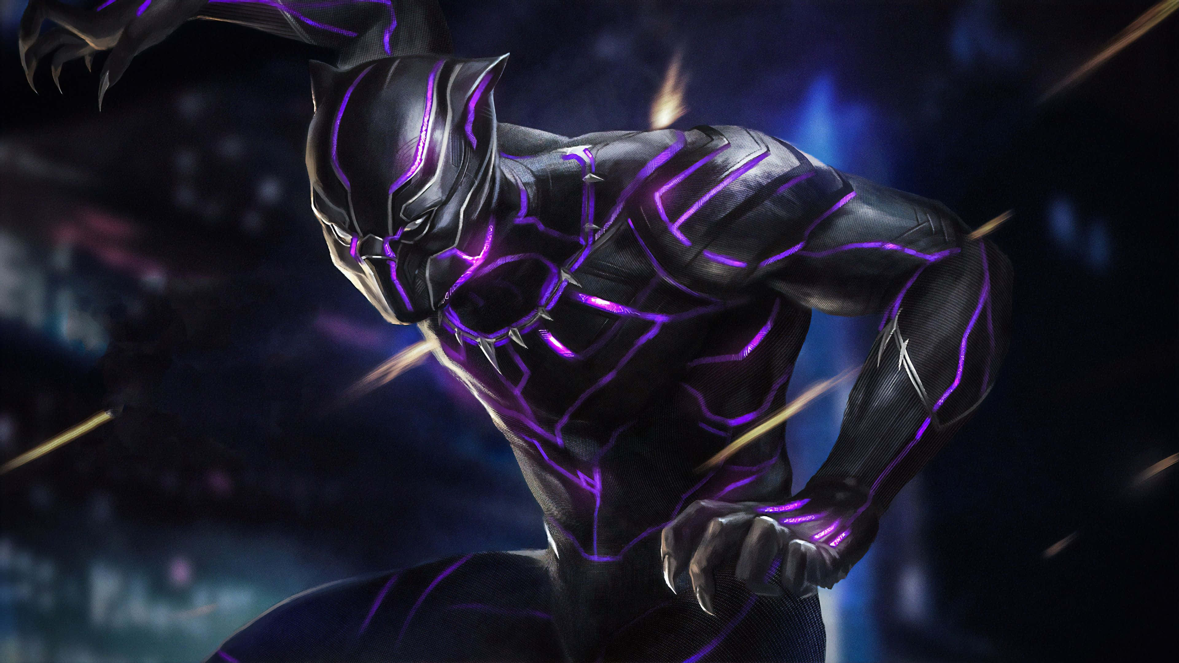 Black Panther 4K Ultra HD Dark 桌布 壁紙 — 黑豹穿著時尚的黑色套裝，帶有發光的紫色線條，在夜間模糊的城市景觀中以動態姿勢蹲伏。