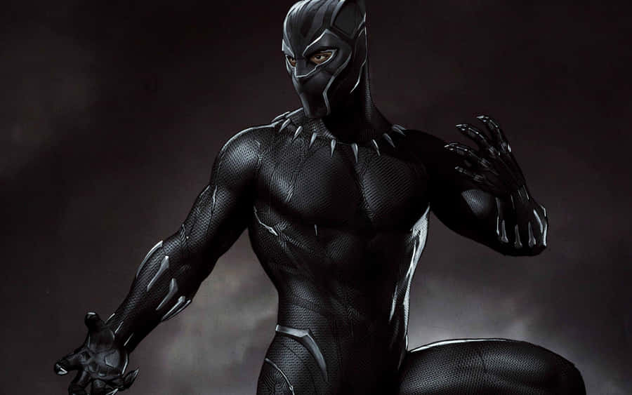 Marvel Black And White 桌布 壁紙 — 黑豹穿著時尚黑色套裝，在煙霧瀰漫的黑暗背景中蹲伏，雙眼發光。