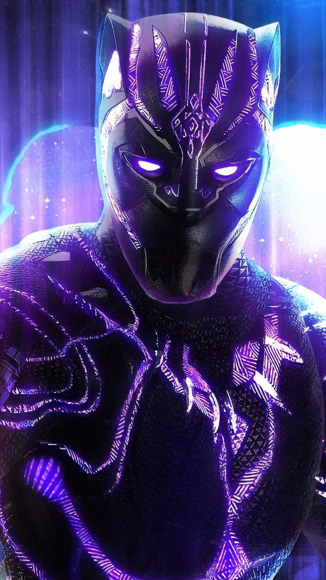 Black Panther Hero 桌布 壁紙 — 黑豹穿著標誌性戰衣，發光的紫色眼睛和複雜圖案，襯托著充滿活力的宇宙背景。