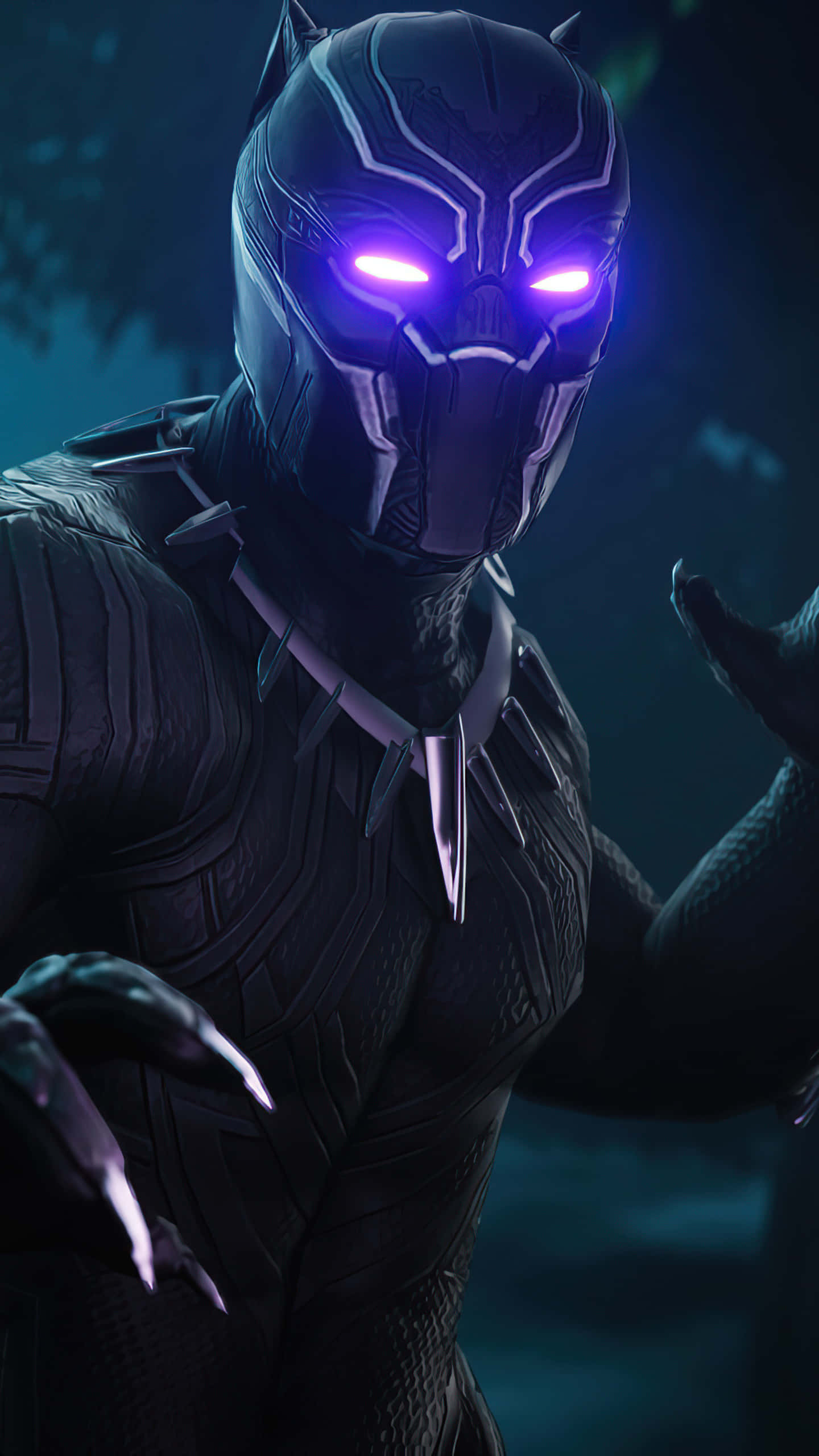 Fortnite 桌布 壁紙 — 黑豹站在陰暗的森林中，擁有發光的紫色眼睛和詳細的黑色套裝。