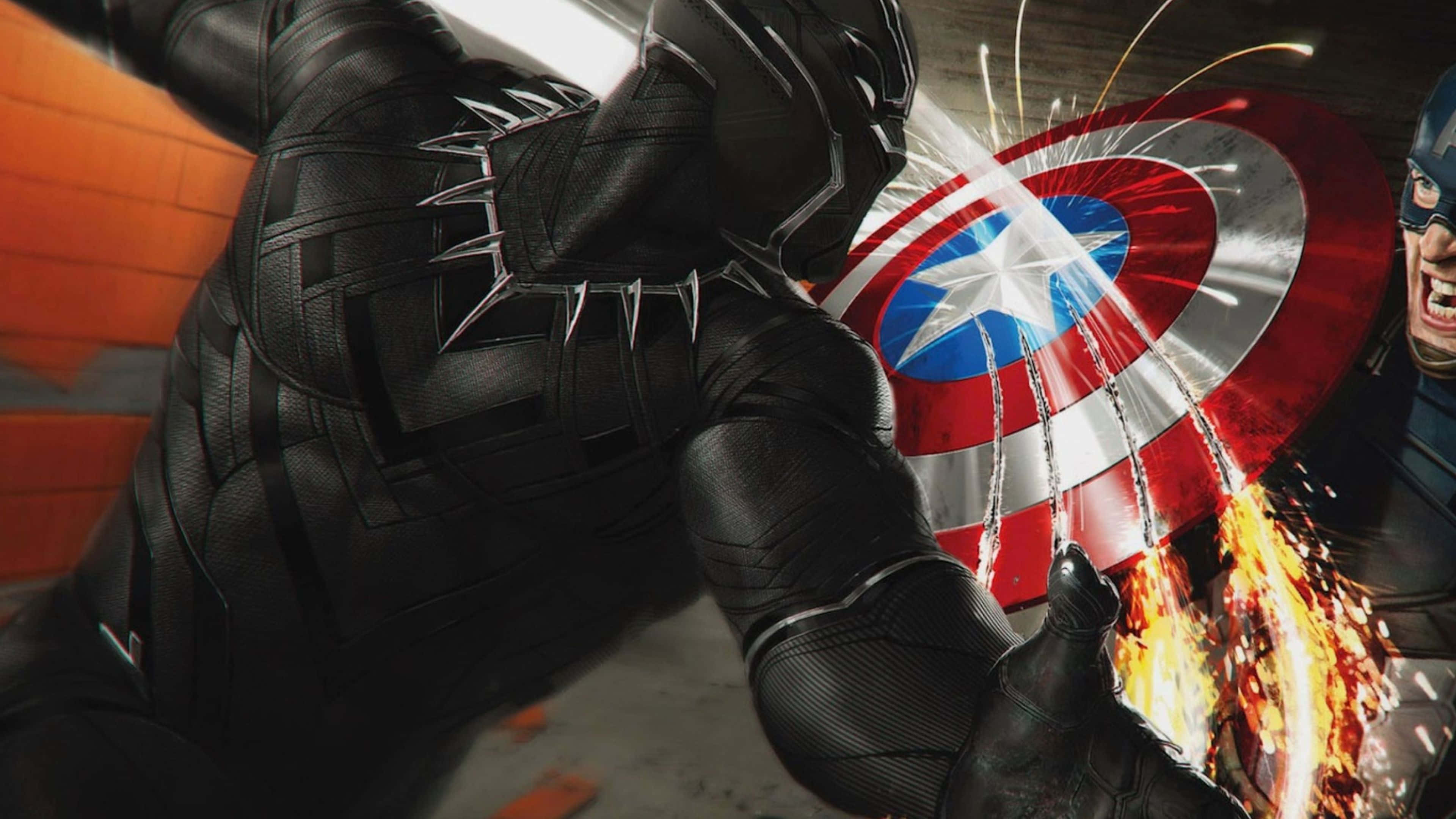 4K Captain America 桌布 壁紙 — 黑豹與美國隊長發生衝突，他的盾牌在猛烈爆炸中碎裂。