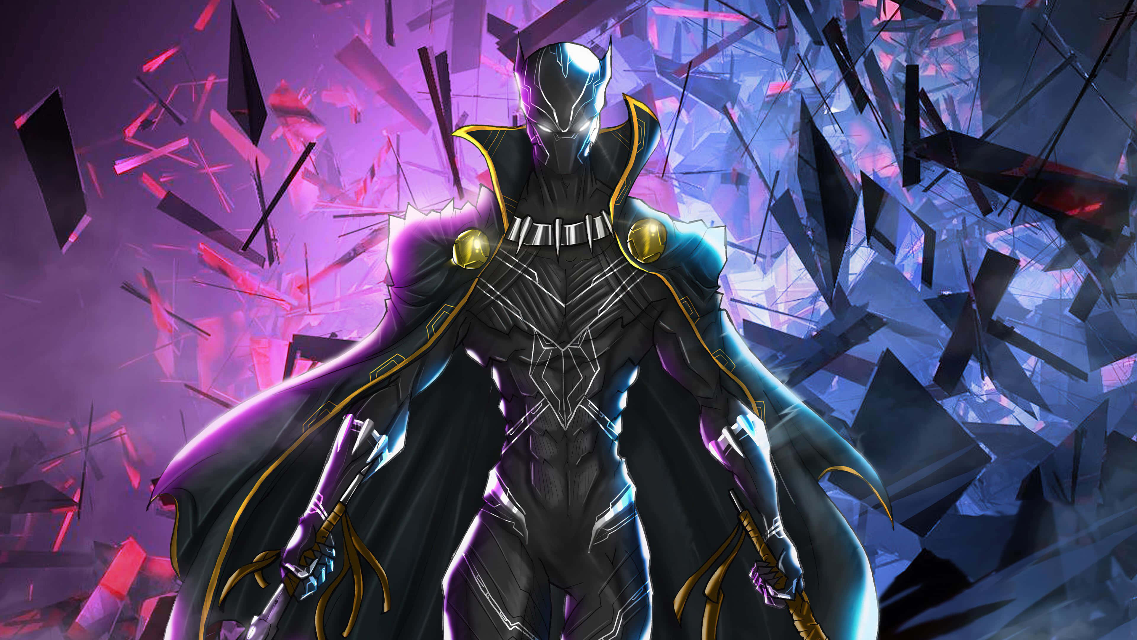 Black Panther Landscape 桌布 壁紙 — 黑豹英雄式地站在一個破碎的水晶環境中，散發著紫色和藍色的能量。