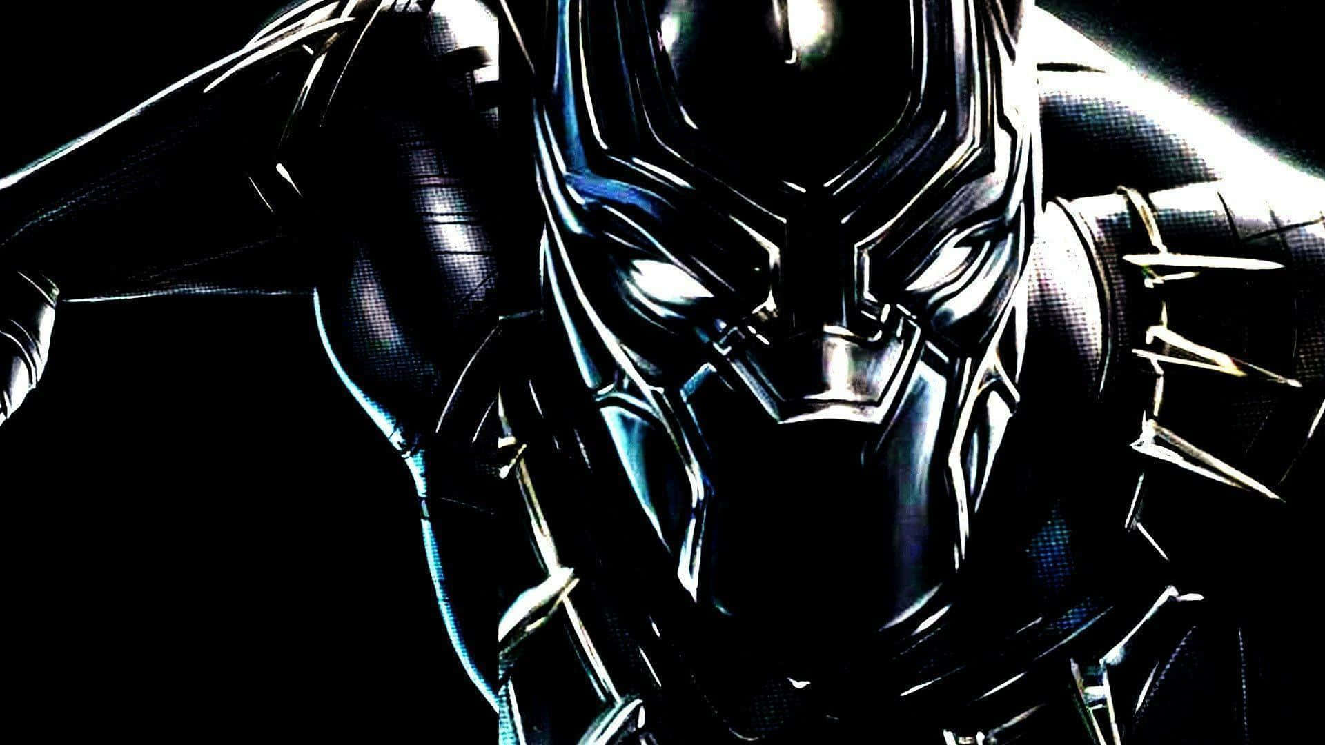 Cute Black Panther 桌布 壁紙 — 黑豹裝甲臉部的特寫，在黑暗背景上散發著藍色光芒。