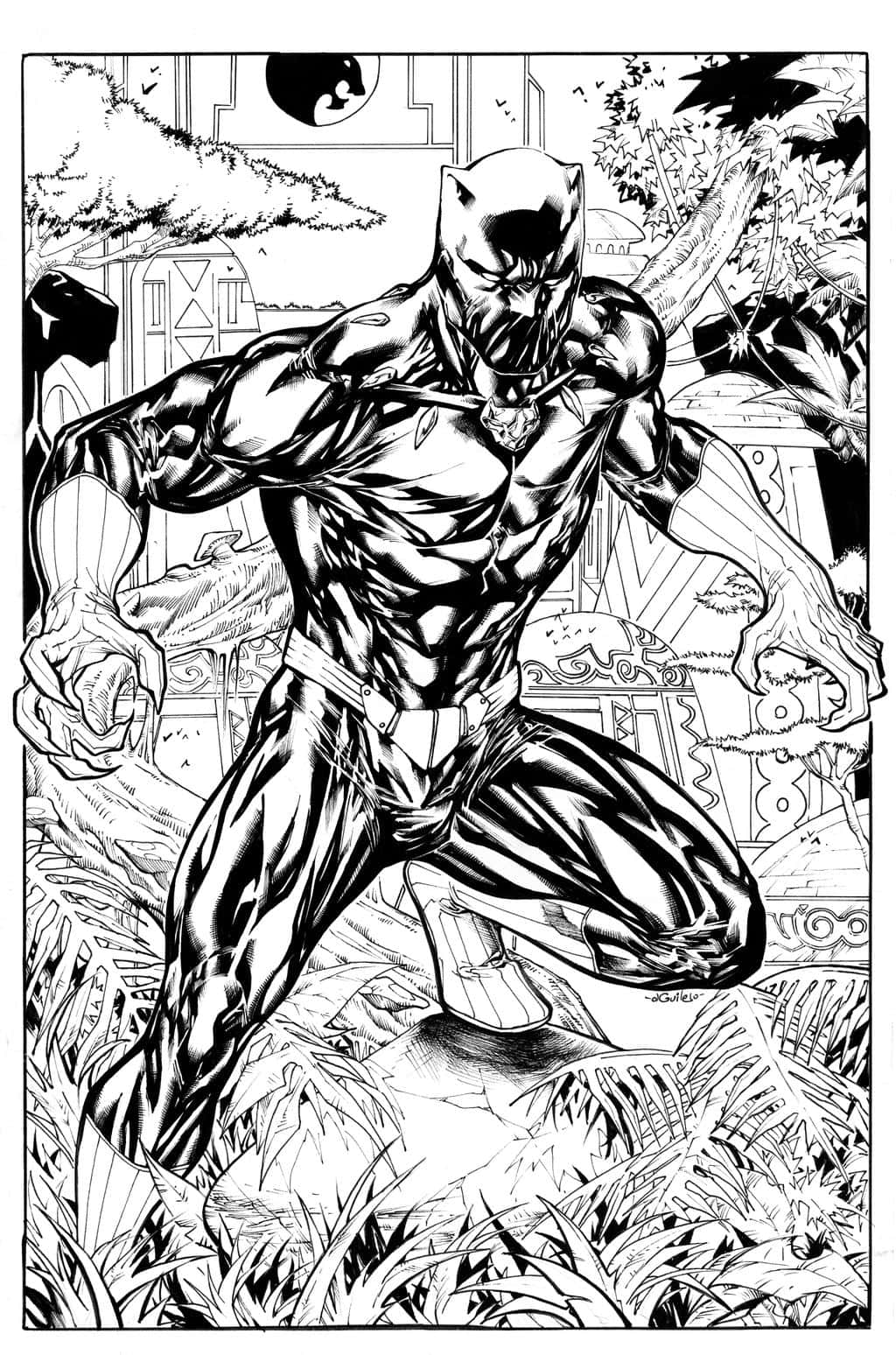King Of Wakanda 桌布 壁紙 — 黑豹蹲伏在叢林環境中，帶有複雜的線條和動態陰影的漫畫插圖。