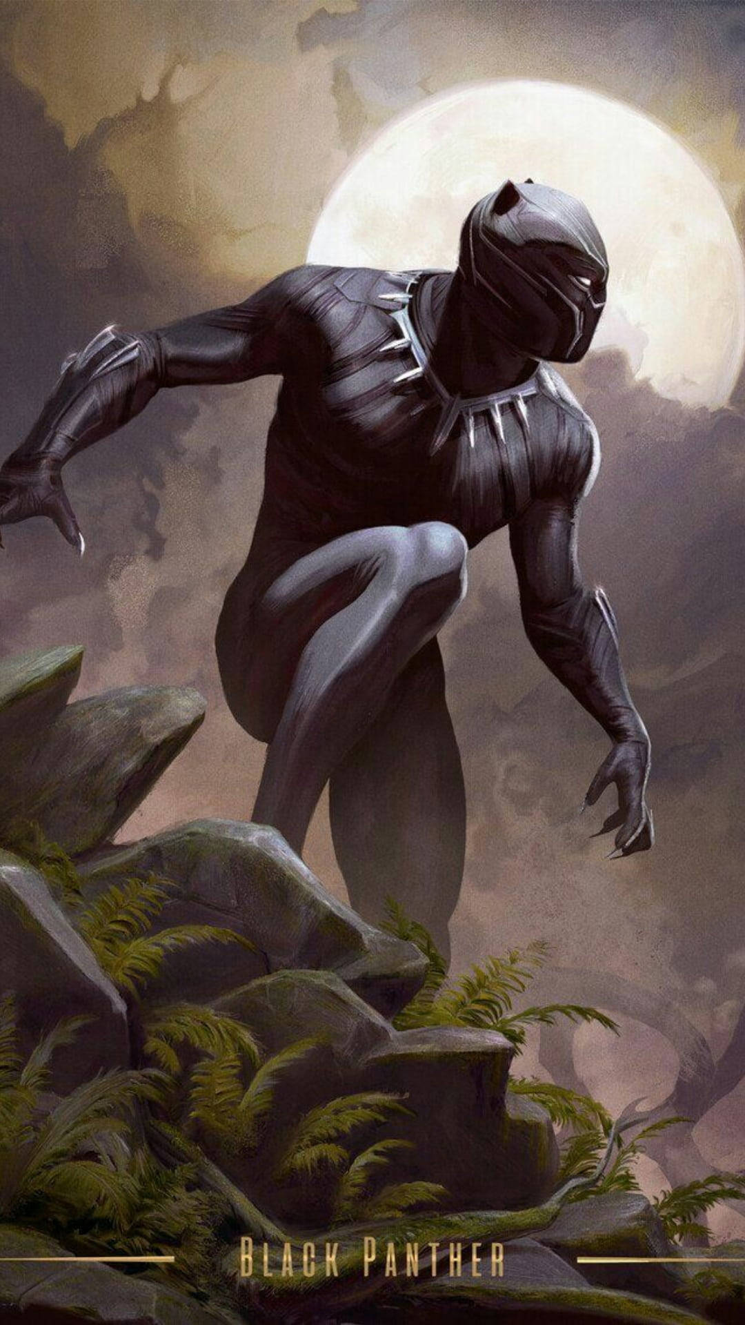 Wakanda 桌布 壁紙 — 黑豹蹲伏在長滿苔蘚的岩石上，在霧氣瀰漫的叢林環境中，一輪明亮的滿月高懸。