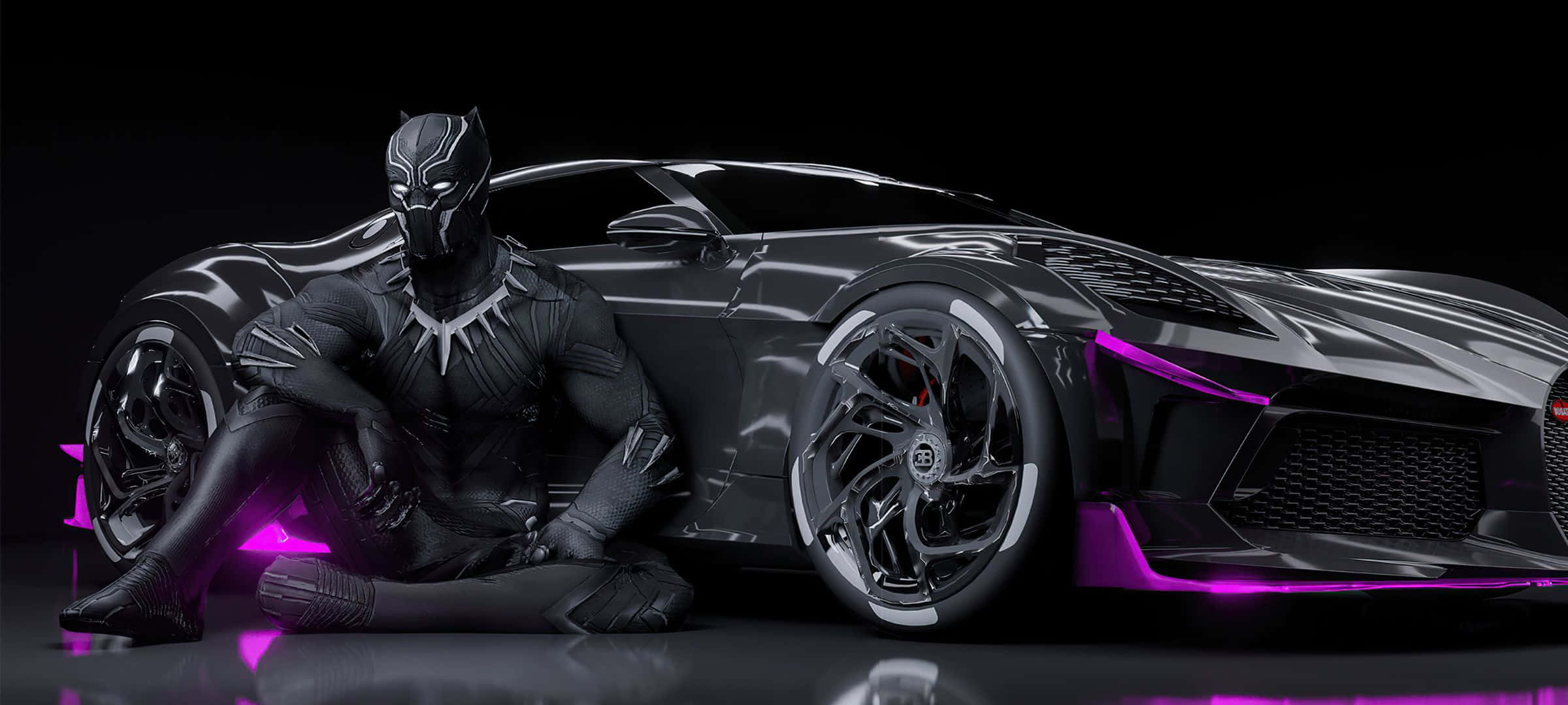 2400x1080 桌布 壁紙 — 黑豹蹲在一輛時尚的黑色跑車旁邊，跑車在黑暗的攝影棚背景下發出紫色底光。