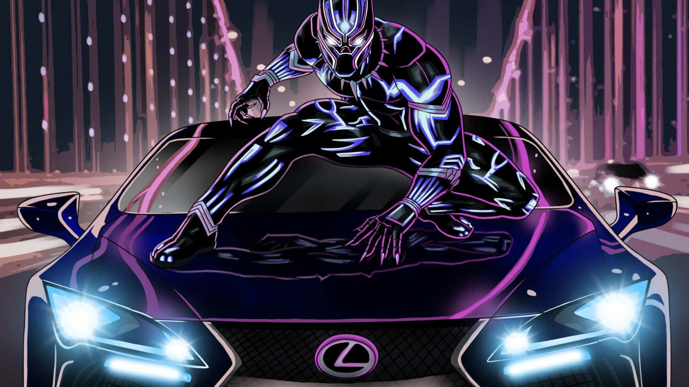 Cute Black Panther 桌布 壁紙 — 黑豹蹲在一輛發光的紫色 Lexus 跑車上，身處夜晚霓虹燈照亮的城市街道。