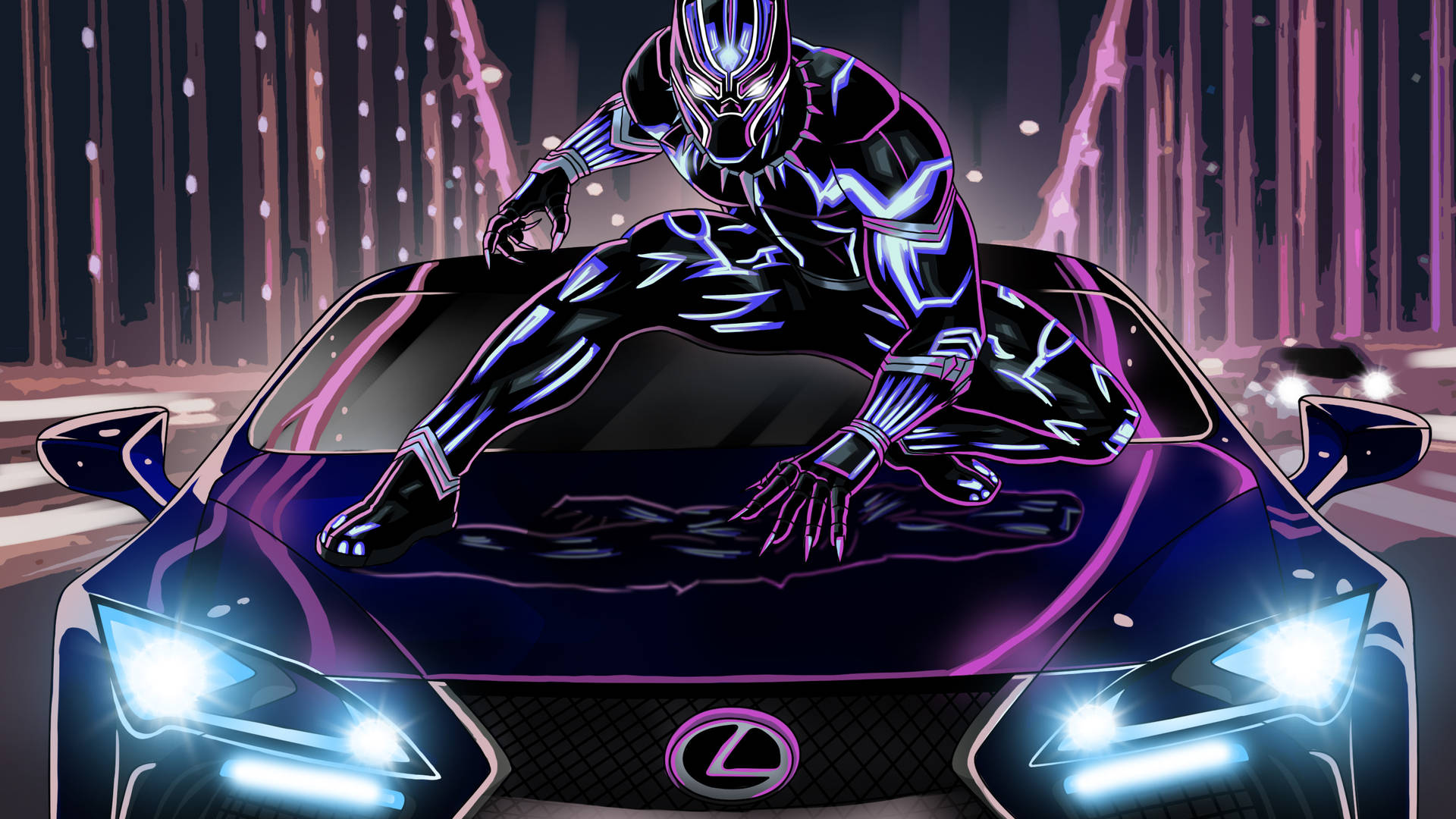 panther 桌布 壁紙 — 黑豹蹲在一輛發光的紫色 Lexus 跑車上，背景是霓虹城市燈光。