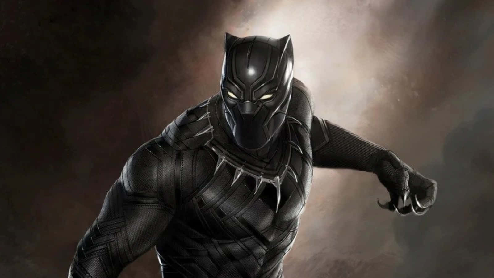 Vibranium Suit 桌布 壁紙 — 黑豹身穿時尚黑色套裝，眼睛發光，在煙霧繚繞的背景前蓄勢待發。