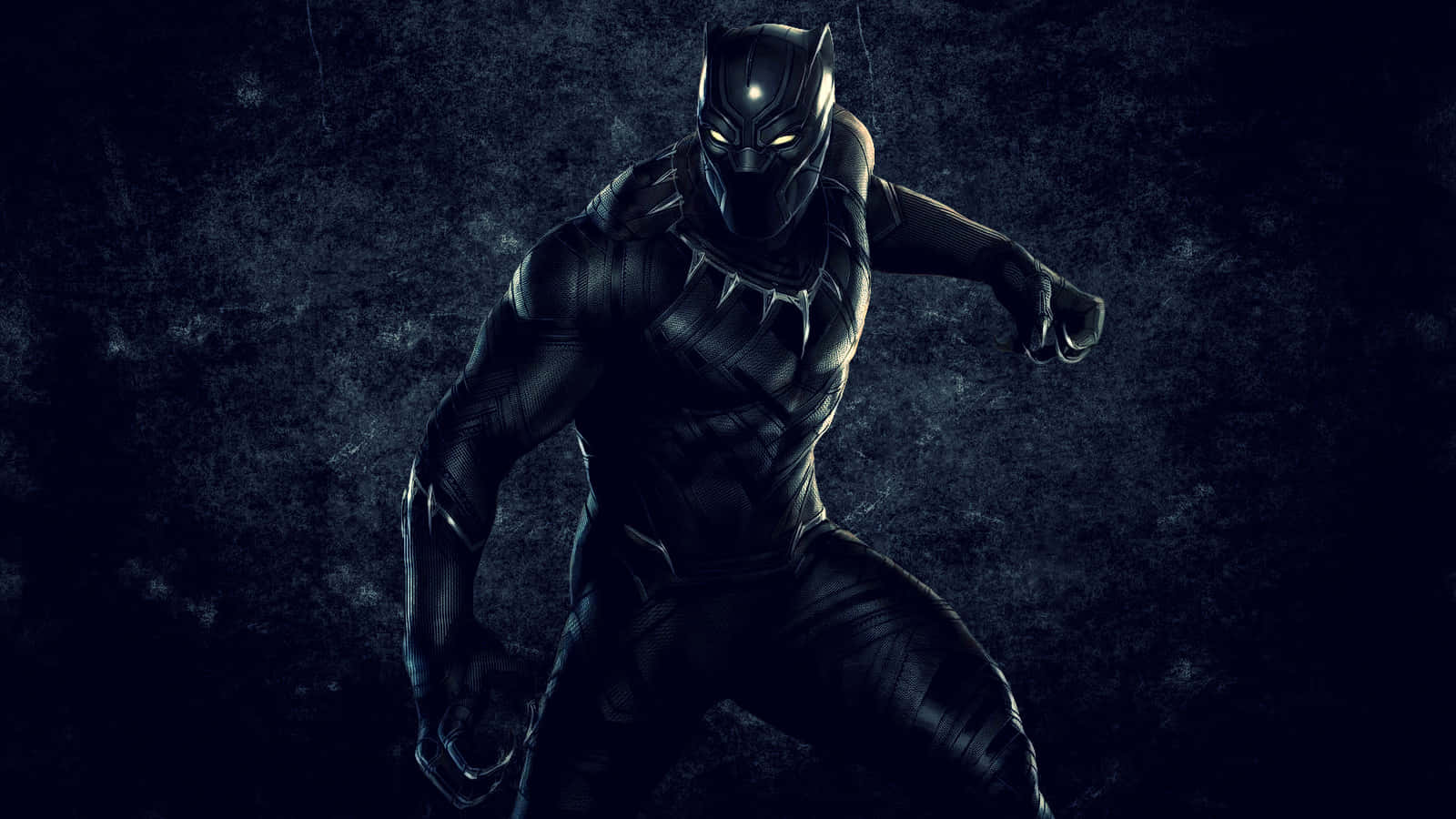 Black Panther Hero 桌布 壁紙 — 黑豹身穿時尚黑色戰衣，蹲在黑暗粗糙的背景中，雙眼發光，準備行動。