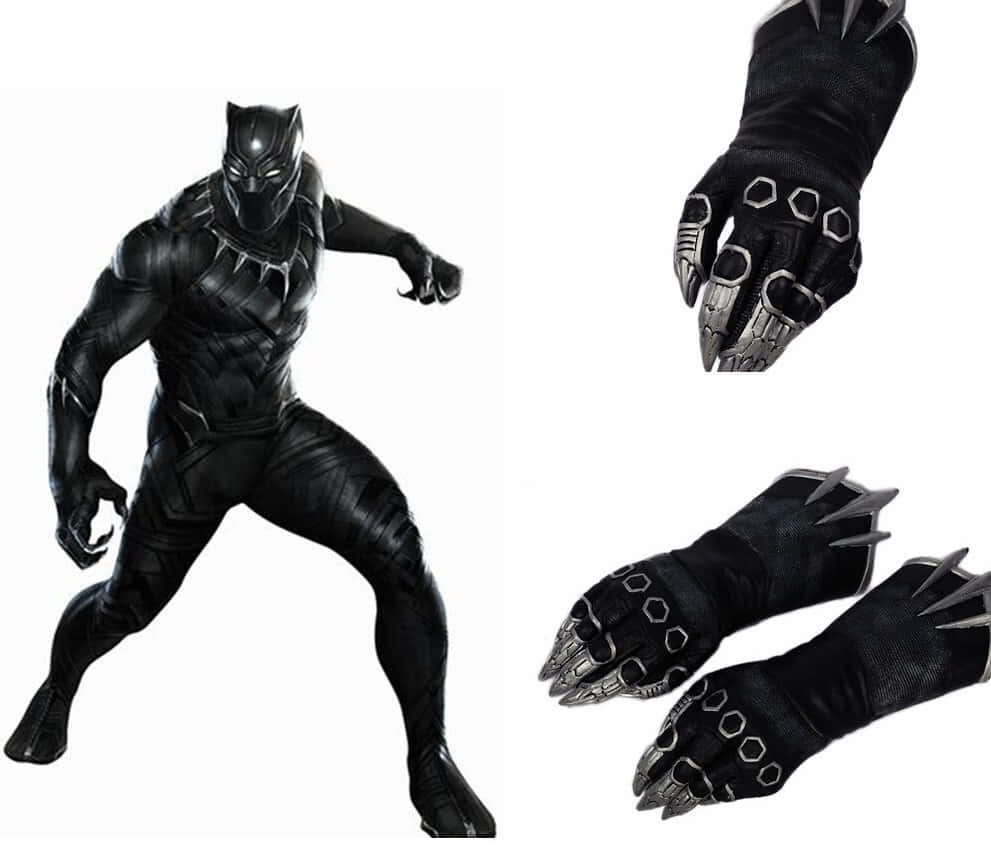Panther Claws 桌布 壁紙 — 黑豹身穿時尚黑色戰衣，配備金屬爪和六角形手套細節，在白色背景前動感擺姿勢。
