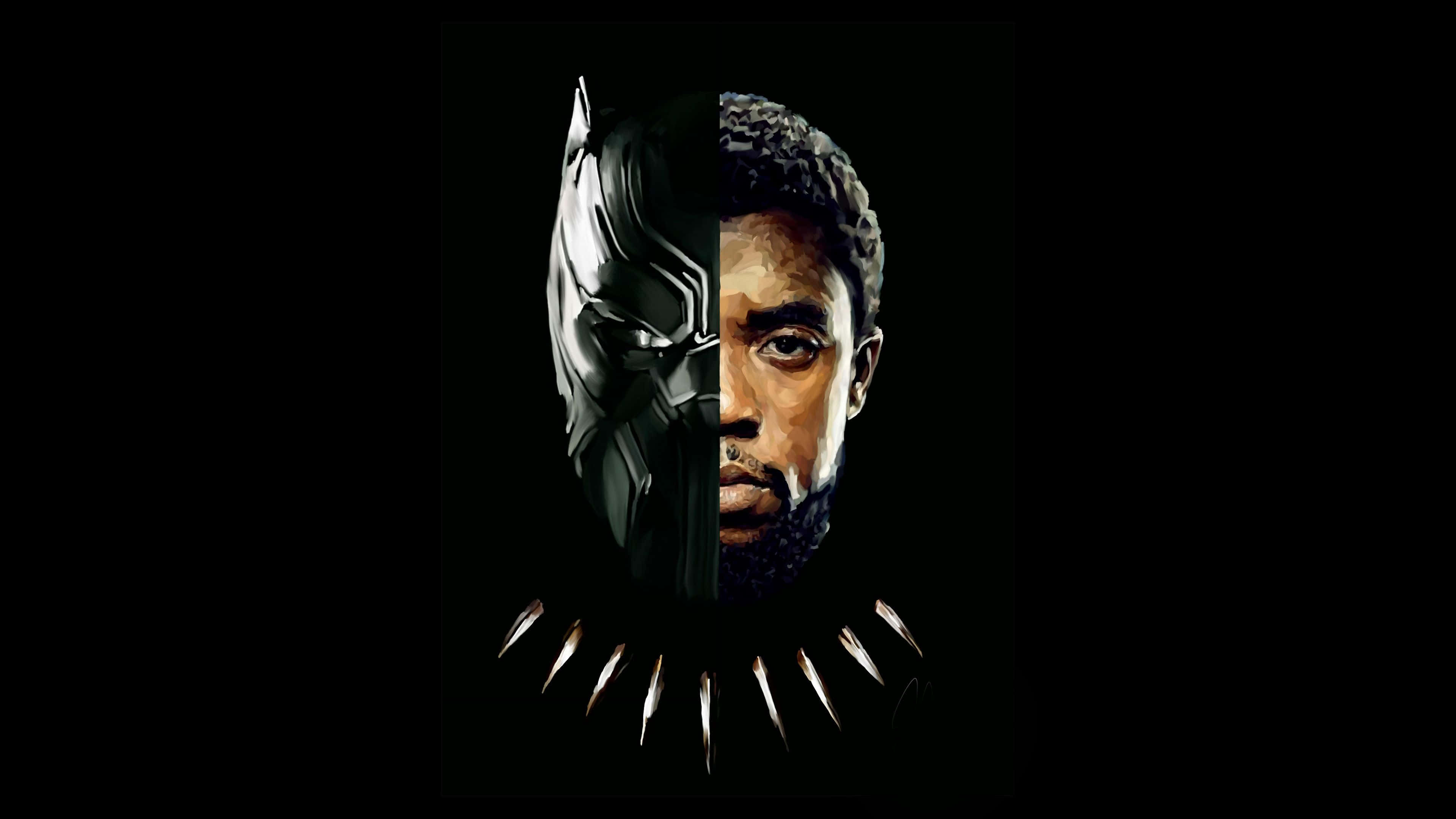 Black Panther Landscape 桌布 壁紙 — 黑豹面具與臉部的分割肖像，黑色背景上帶有發光的爪子。