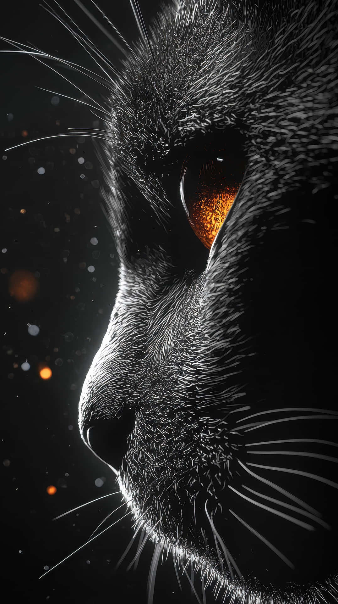 Black Panther with Fiery Amber Eyes Against Dramatic Black Glow 壁紙 — 黑貓側面特寫，琥珀色眼睛發光，背景是繁星點點的黑暗夜空。