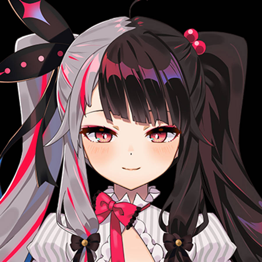 Anime Cute Girl 桌布 壁紙 — 黑銀髮、粉紅眼、紅色蝴蝶結的動漫女孩在深色背景下溫柔微笑。