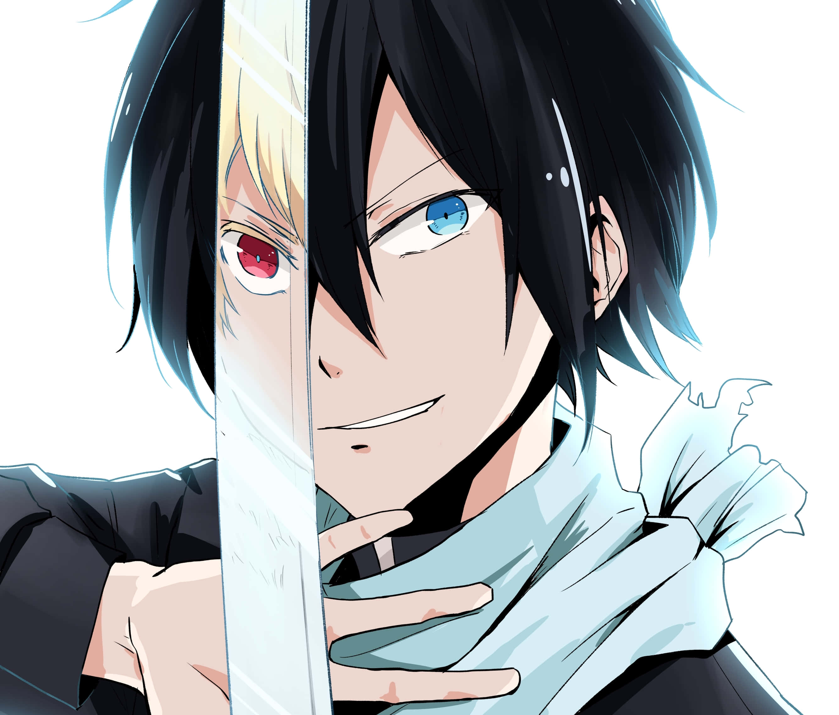 Noragami 桌布 壁紙 — 黑髮、紅藍對比眼睛的動漫角色，在純白背景前手持劍。