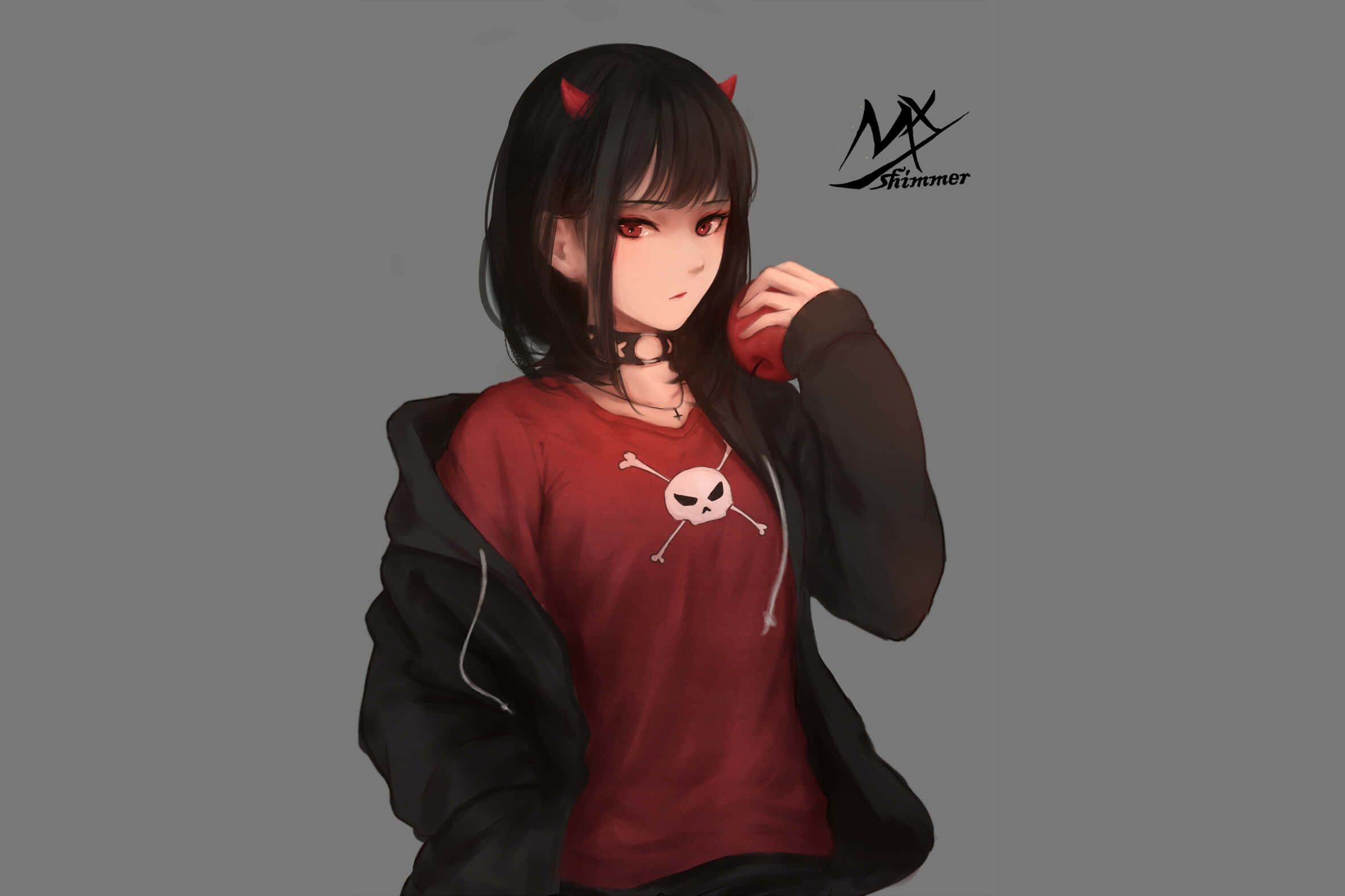 桌布 壁紙 — 黑髮、紅角、紅眼的動漫少女，在灰色背景前穿著紅色骷髏圖案T恤和黑色連帽衫。
