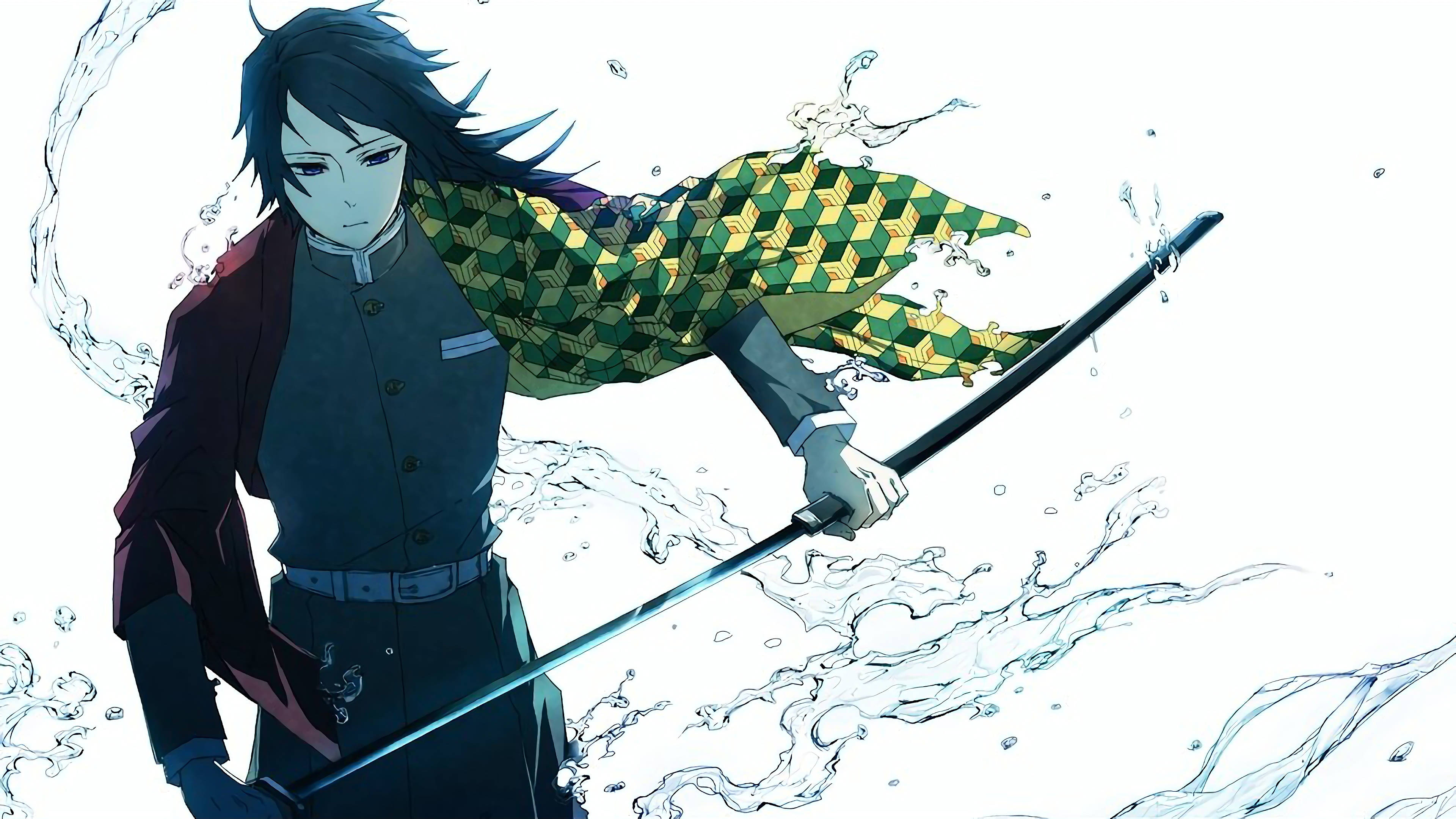 Giyuu 桌布 壁紙 — 黑髮、身穿綠色圖案羽織的動漫戰士，在純白背景下揮舞著劍，周圍水花四濺。