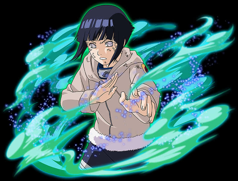 動漫 桌布 壁紙 — 黑髮且眼神堅定的動漫女孩，在黑暗背景下以動態姿勢引導發光的青綠色查克拉。