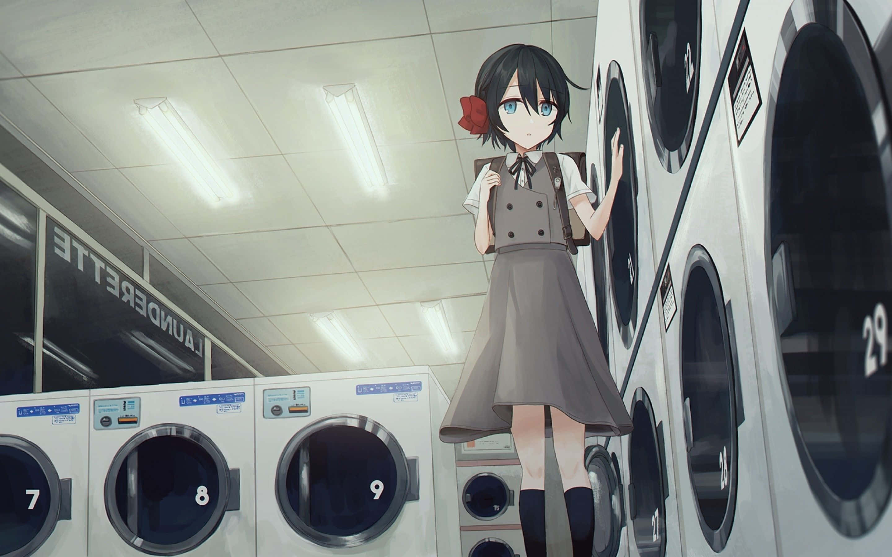 Laundry Room 桌布 壁紙 — 黑髮動漫女孩，頭髮上插著一朵紅花，站在白色洗衣機旁邊，在螢光燈下。