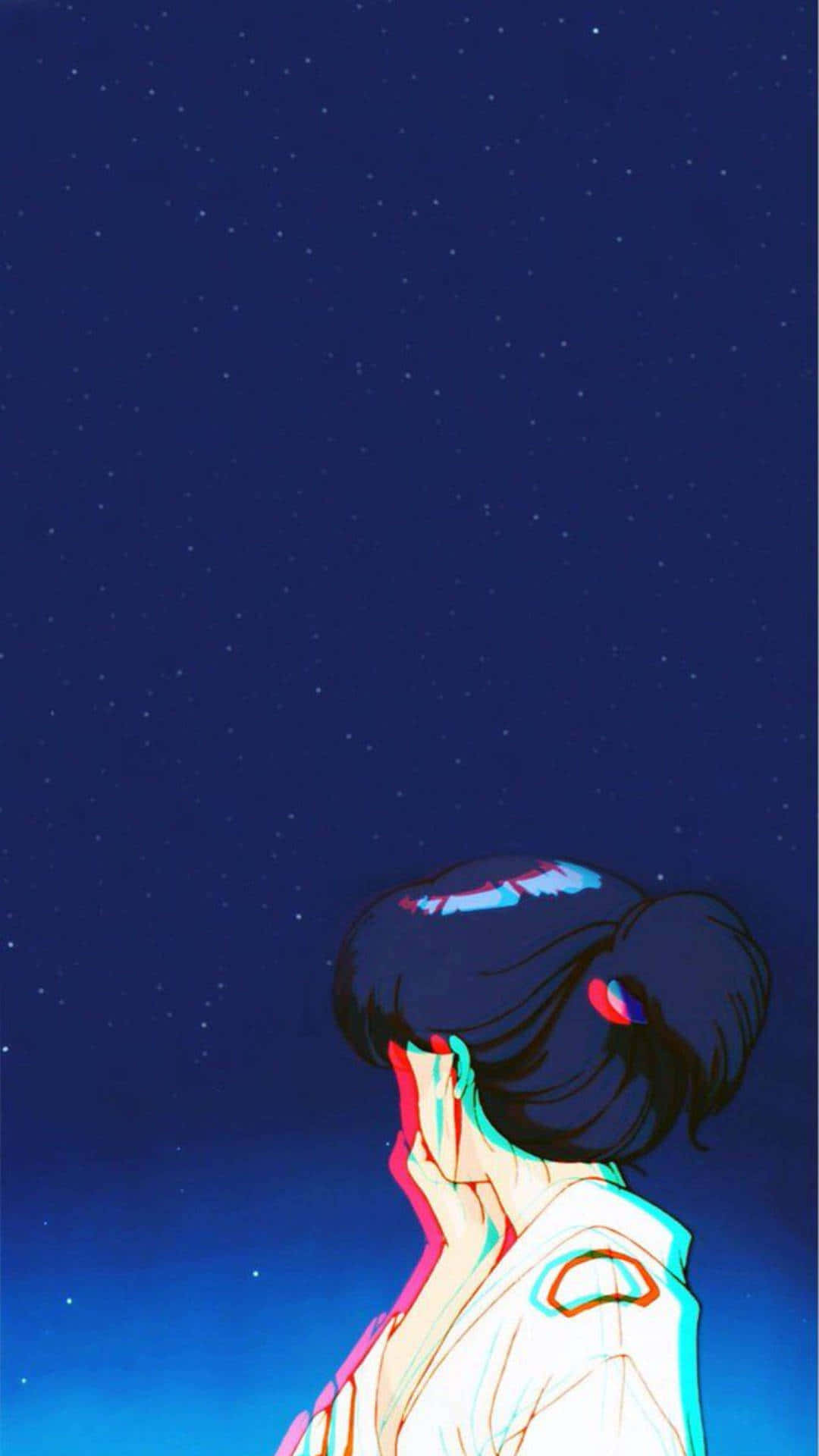 Inuyasha 桌布 壁紙 — 黑髮動漫女孩仰望星空，帶有鮮豔的色差效果。