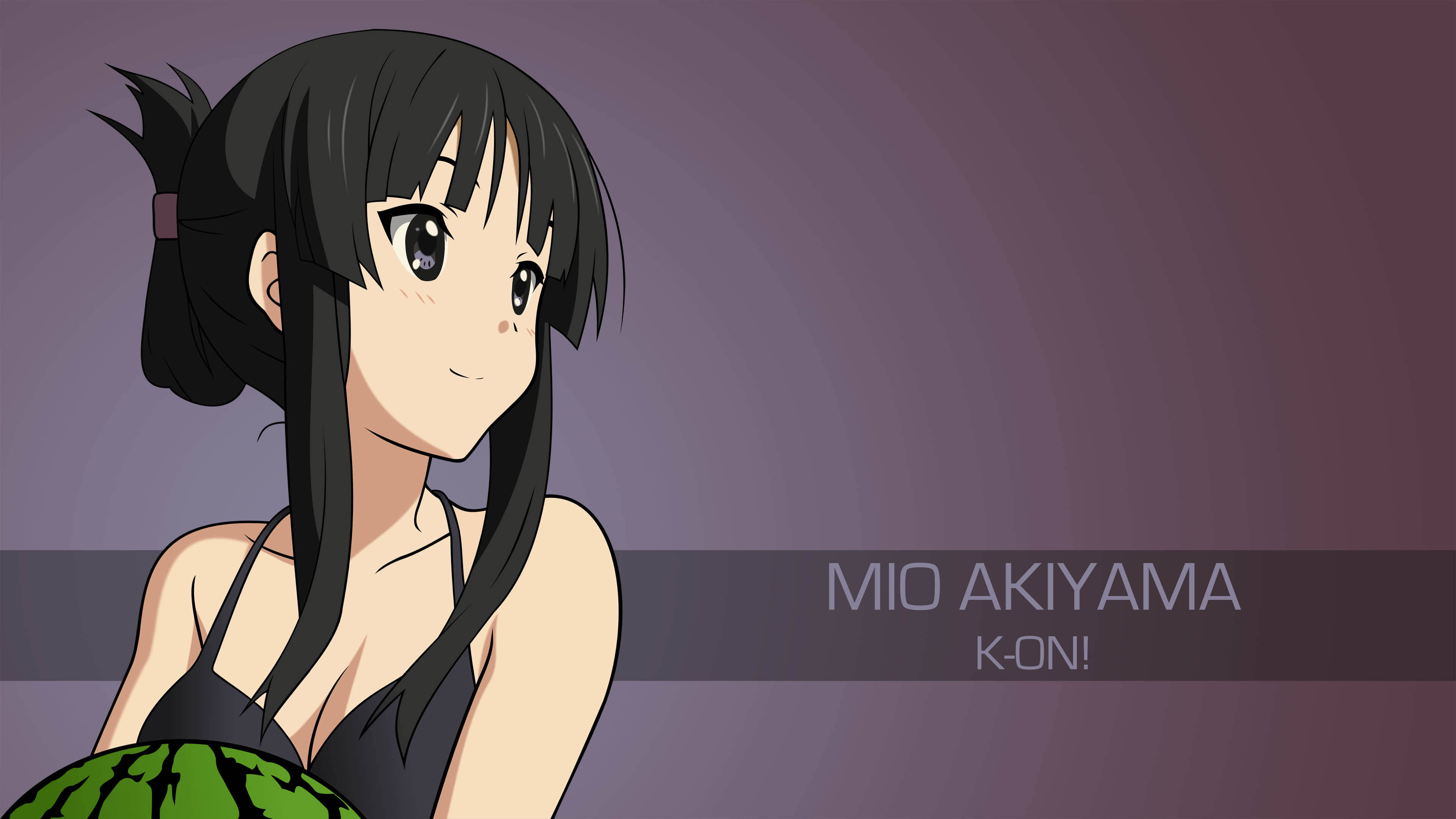 K-on 桌布 壁紙 — 黑髮動漫女孩在紫色漸變背景前拿著西瓜。
