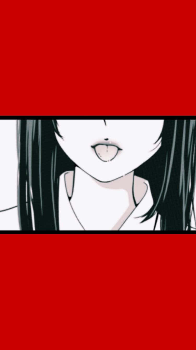 Red Anime 桌布 壁紙 — 黑髮動漫女孩在鮮紅色背景前伸出舌頭。