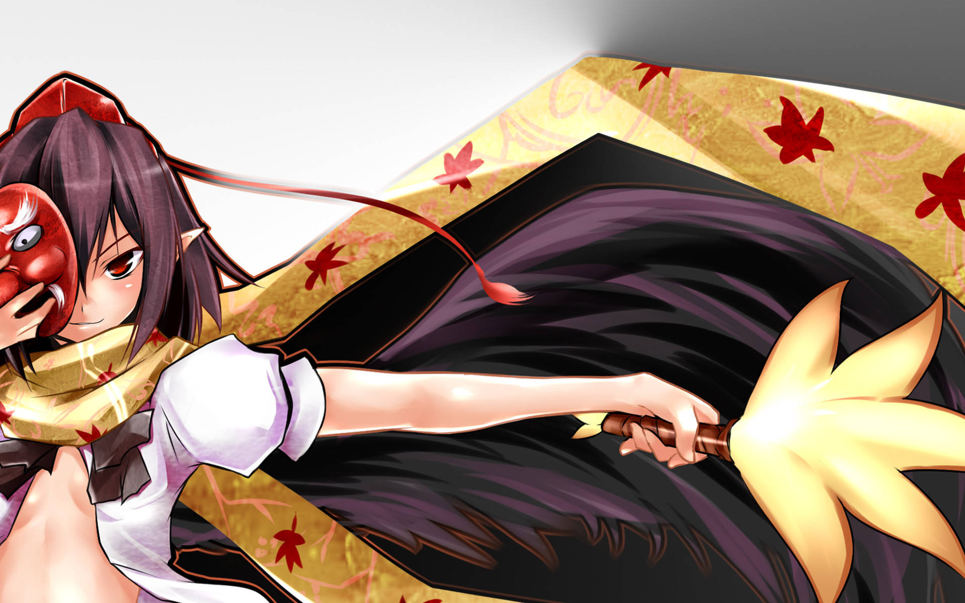 Oni 桌布 壁紙 — 黑髮動漫女孩手持紅色面具和發光的黃色扇子，背景是金色楓葉圖案。