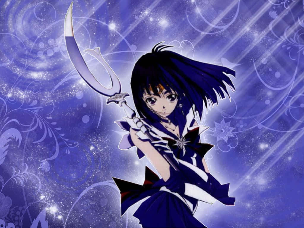 Sailor Saturn 桌布 壁紙 — 黑髮動漫女孩揮舞著新月劍，背景是閃爍的紫色宇宙漩渦。