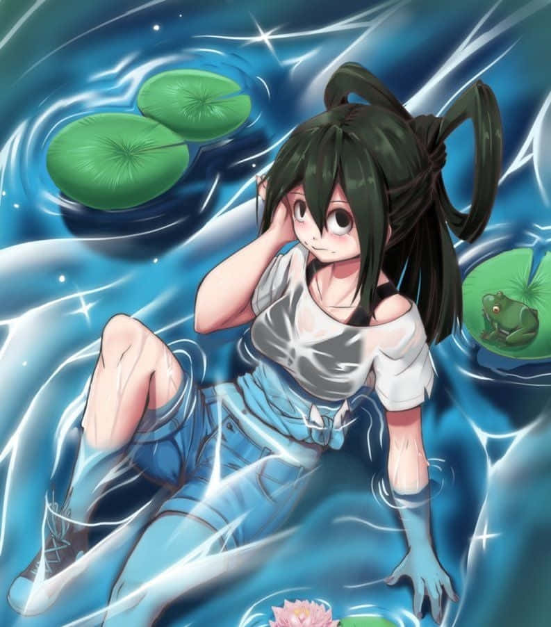 Froppy 桌布 壁紙 — 黑髮動漫女孩漂浮在發光的藍色水中，周圍有睡蓮和青蛙。