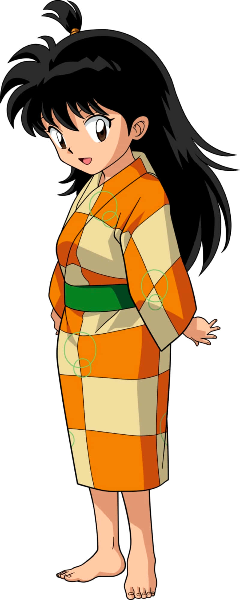 Inuyasha Rin 桌布 壁紙 — 黑髮動漫女孩穿著橙色和奶油色格紋浴衣，繫著綠色腰帶，赤腳站立。