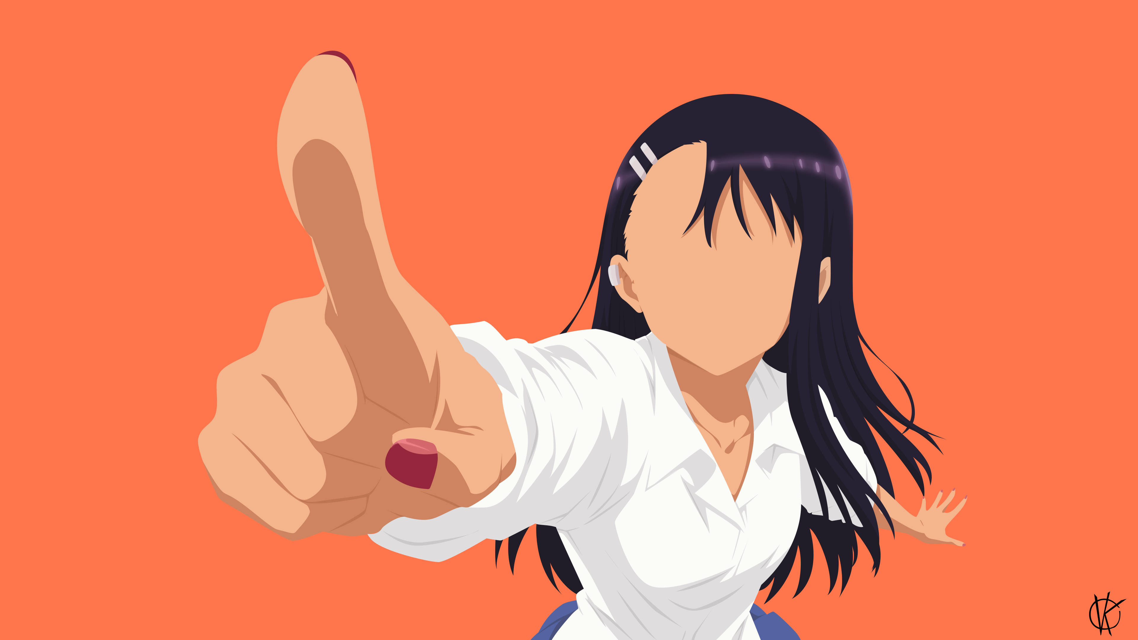 Nagatoro 桌布 壁紙 — 黑髮動漫女孩穿著白襯衫，在純橙色背景上熱情地豎起大拇指。