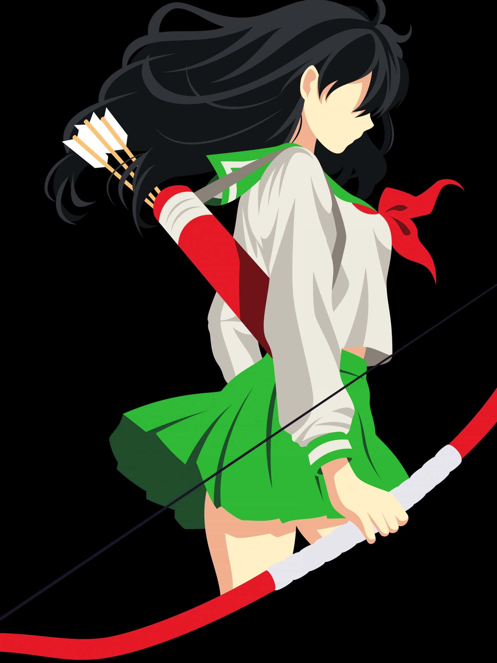 桌布 壁紙 — 黑髮動漫女孩穿著綠色校服，在黑色背景下拉動紅色弓。