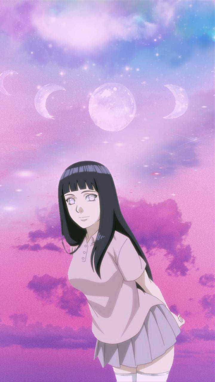 火影忍者 桌布 壁紙 — 黑髮動漫女孩站在夢幻紫色天空下，天空中有多個月亮和閃爍的星星。