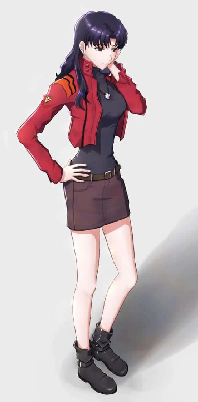 nge 桌布 壁紙 — 黑髮動漫女孩身穿紅色外套和黑色裙子，在純色背景前自信地擺姿勢。