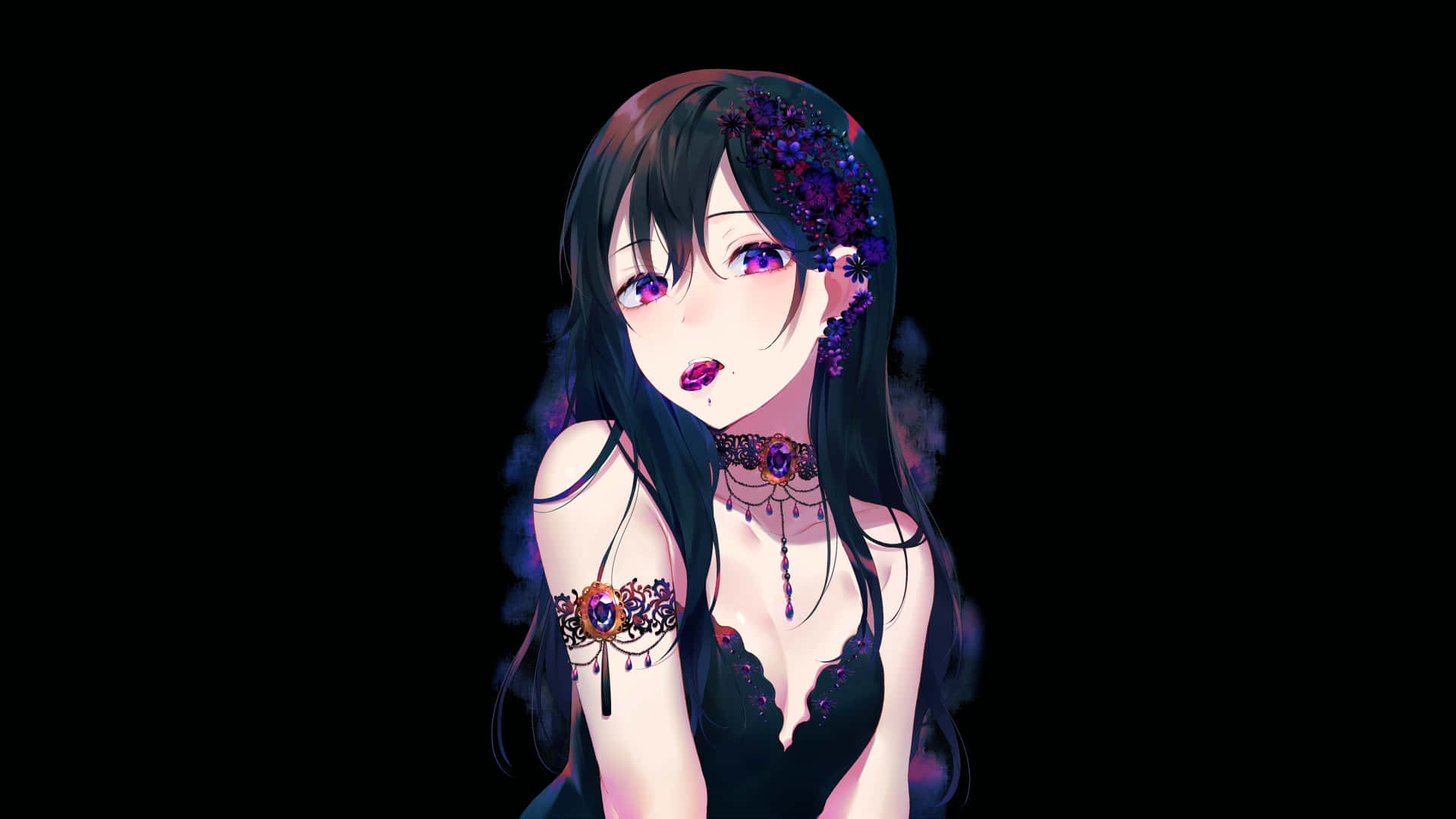 Cute Desktop 桌布 壁紙 — 黑髮動漫少女，紫色眼睛，頭戴花卉裝飾，在黑色背景前溫柔凝視。