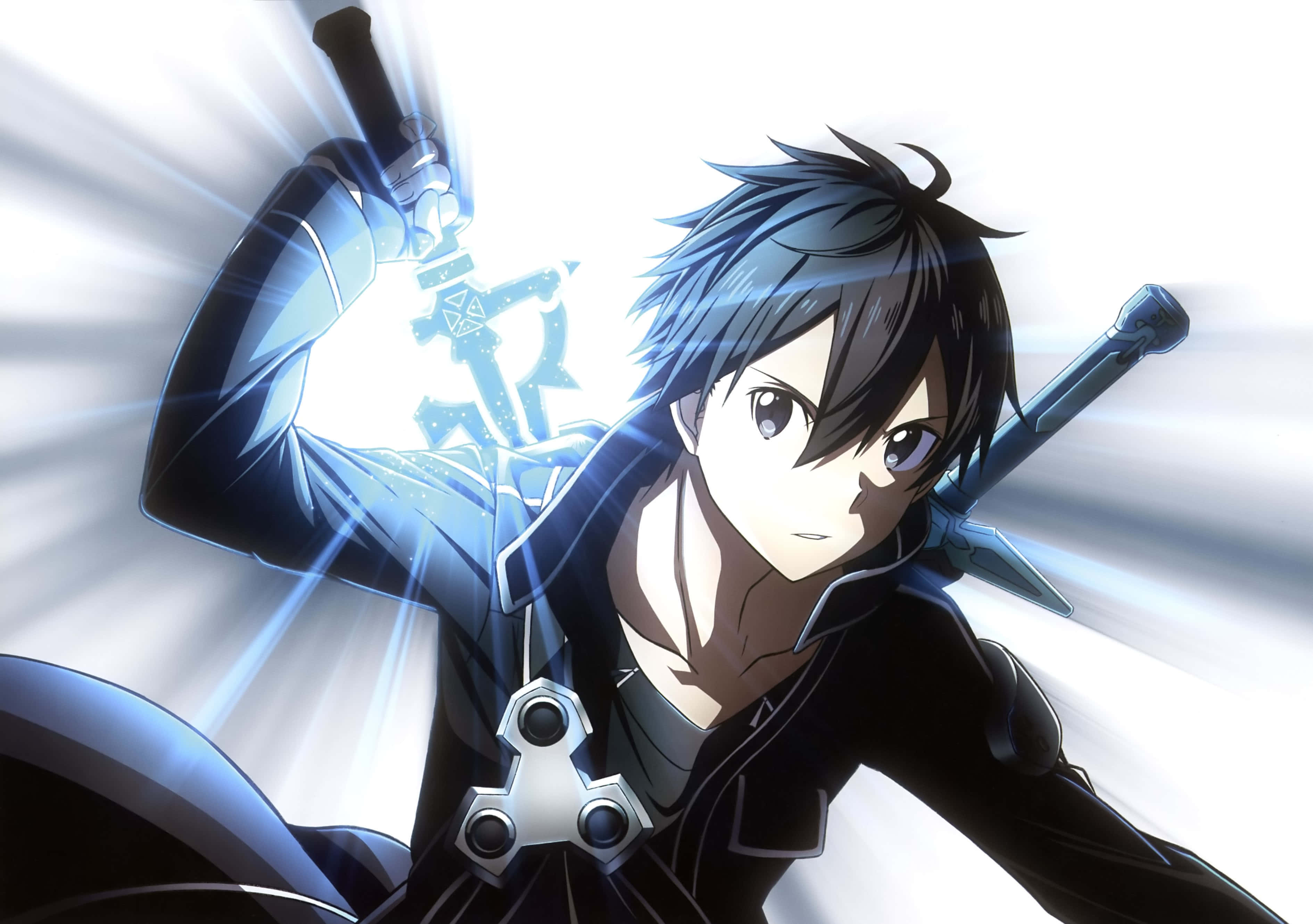 Kazuto Kirigaya 桌布 壁紙 — 黑髮動漫戰士手持發光劍，在明亮的白色背景前舉起武器。