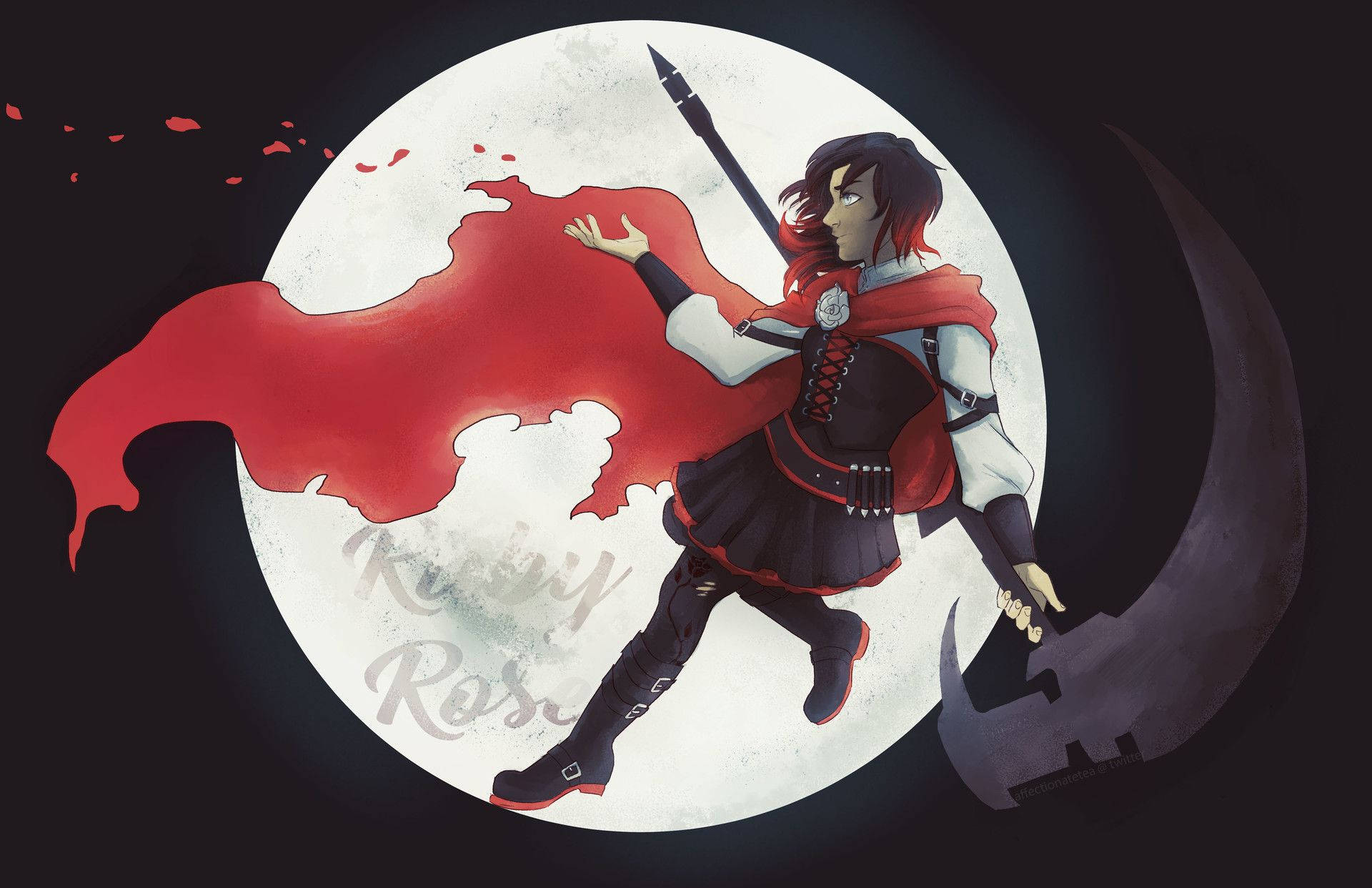 Rwby 桌布 壁紙 — 黑髮動漫戰士身穿紅色斗篷和黑色服裝，在滿月背景下揮舞鐮刀，帶有紅色飛濺。