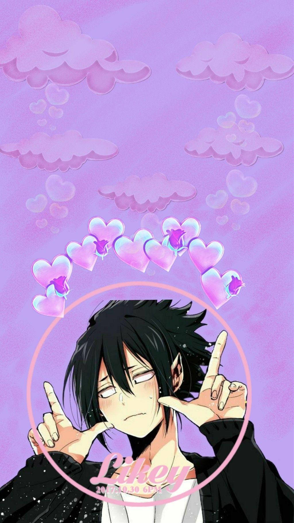 Tamaki Amajiki 桌布 壁紙 — 黑髮動漫男孩在粉紅雲朵和漂浮愛心下，對著紫色天空比出和平手勢。